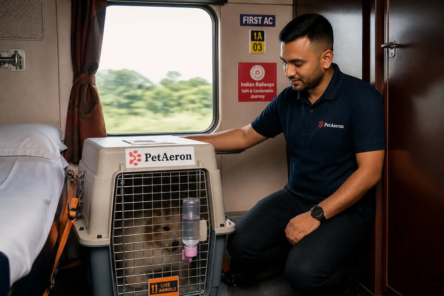 Pet and IATA crate on Indian Railways First AC train feeder to departure hub for Saudi Arabia flight