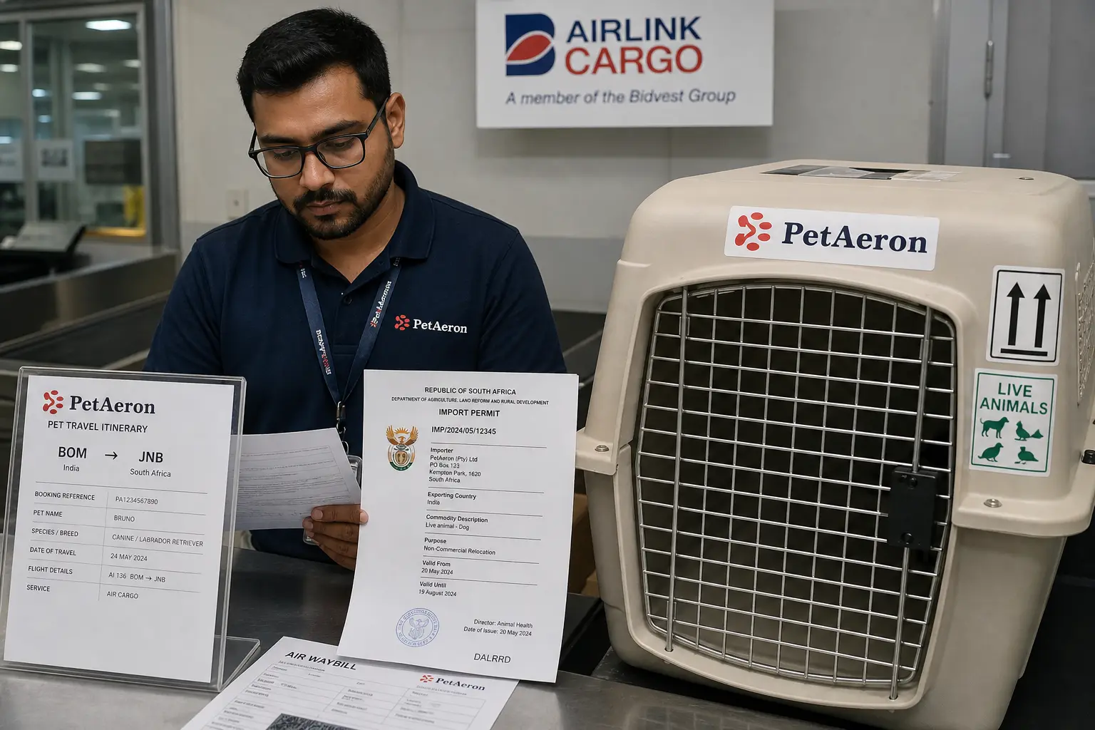 IATA-compliant pet crate and pet cargo booking for Cape Town from India via CPT