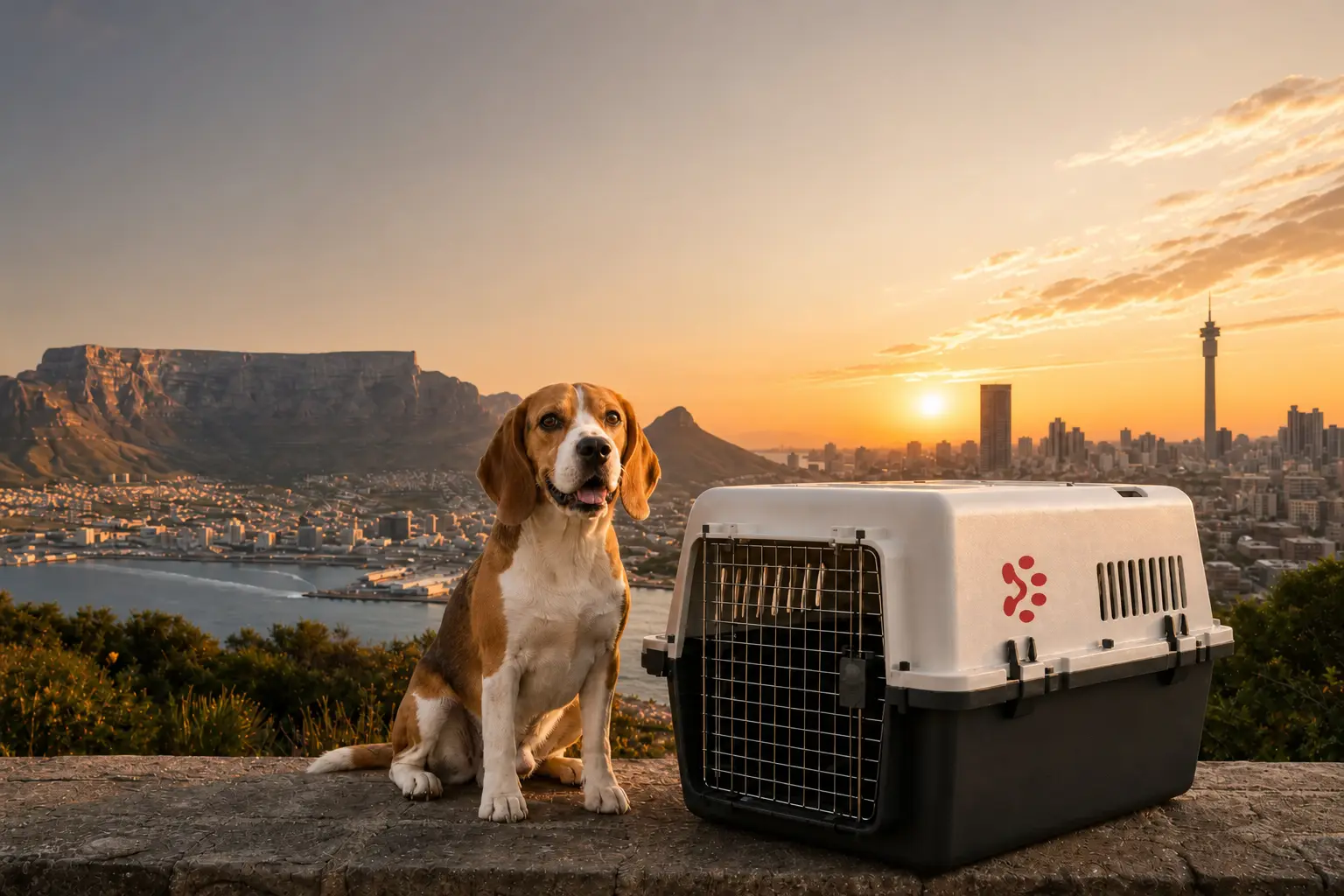 International pet relocation services from India to South Africa, dog in IATA travel crate with Table Mountain and Johannesburg skyline