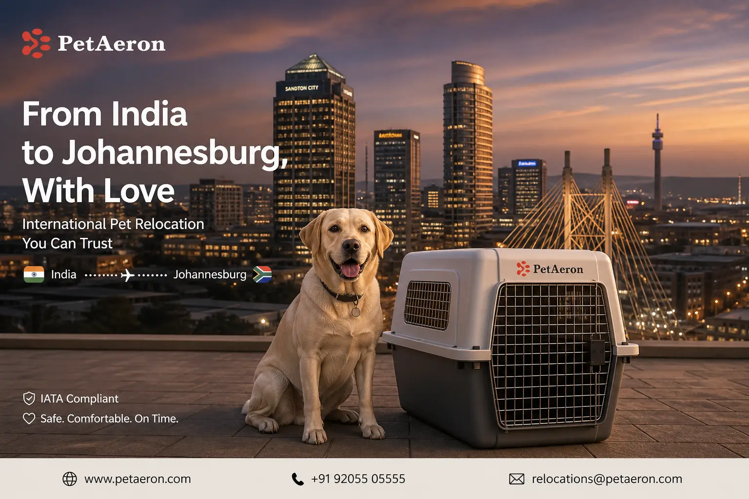 International pet relocation services from India to Johannesburg, dog in IATA travel crate with Sandton skyline and OR Tambo cityscape