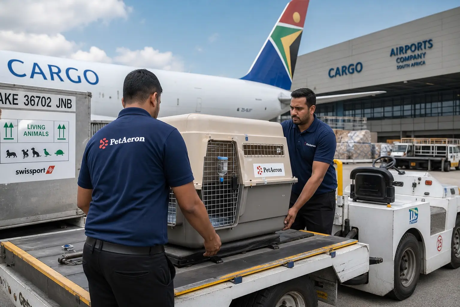 PetAeron staff loading IATA crate for international air cargo flight from India to South Africa via CPT and JNB