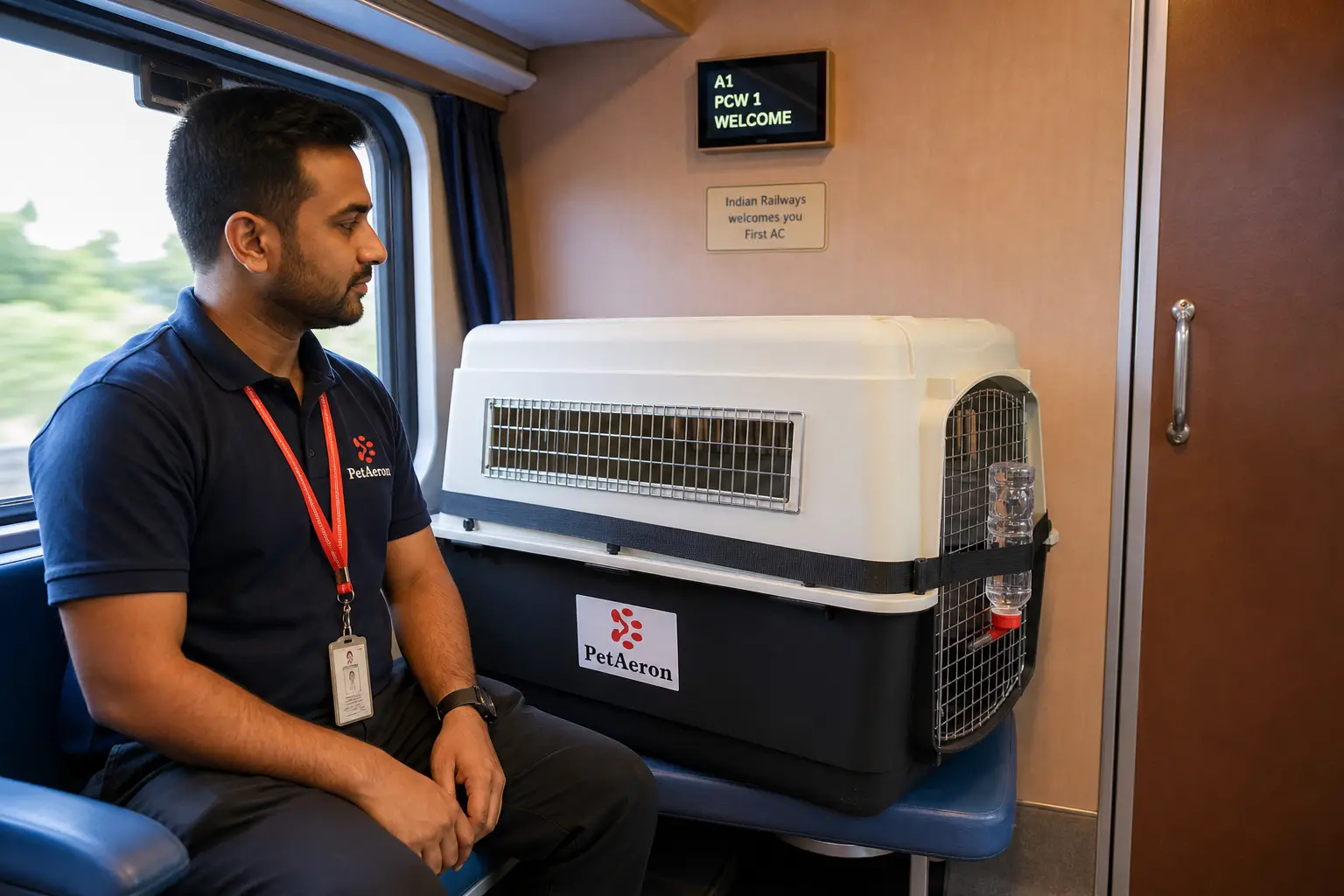 Pet and IATA crate on Indian Railways First AC train feeder to departure hub for South Africa flight