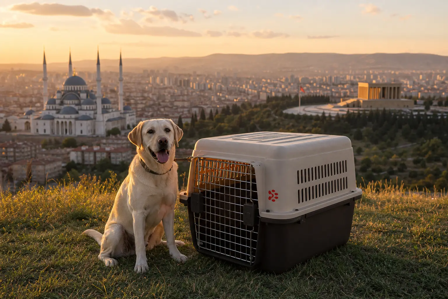 International pet relocation services from India to Ankara, dog in IATA travel crate with Anitkabir and Ankara city skyline
