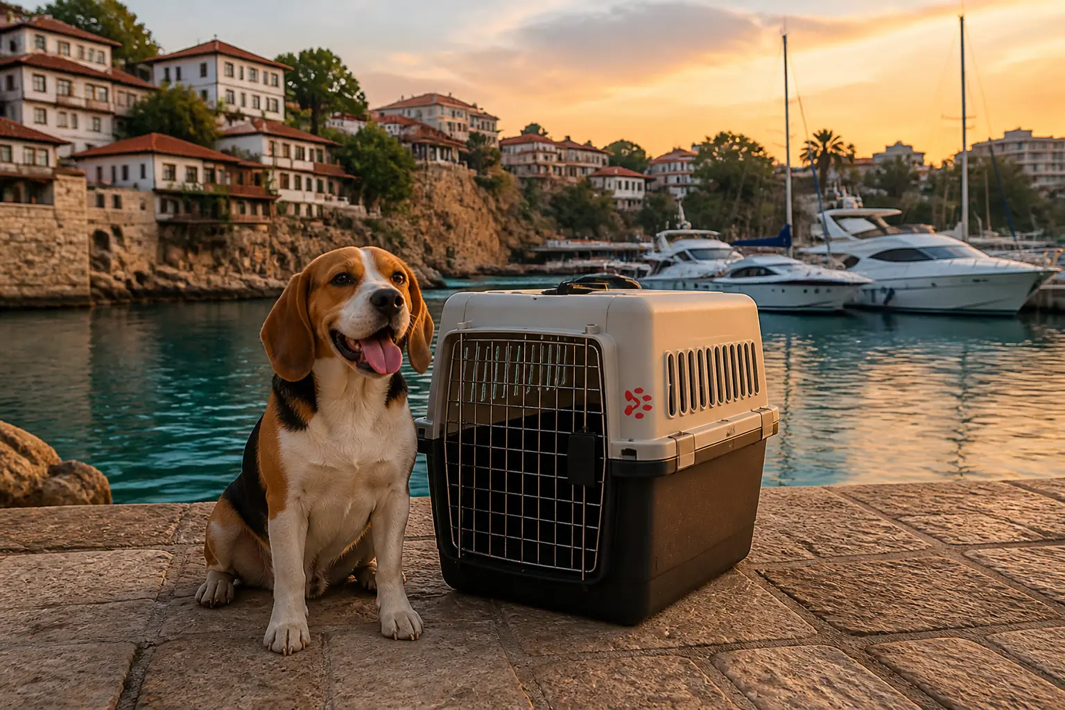 International pet relocation services from India to Antalya, dog in IATA travel crate with Antalya marina and Kaleici harbor