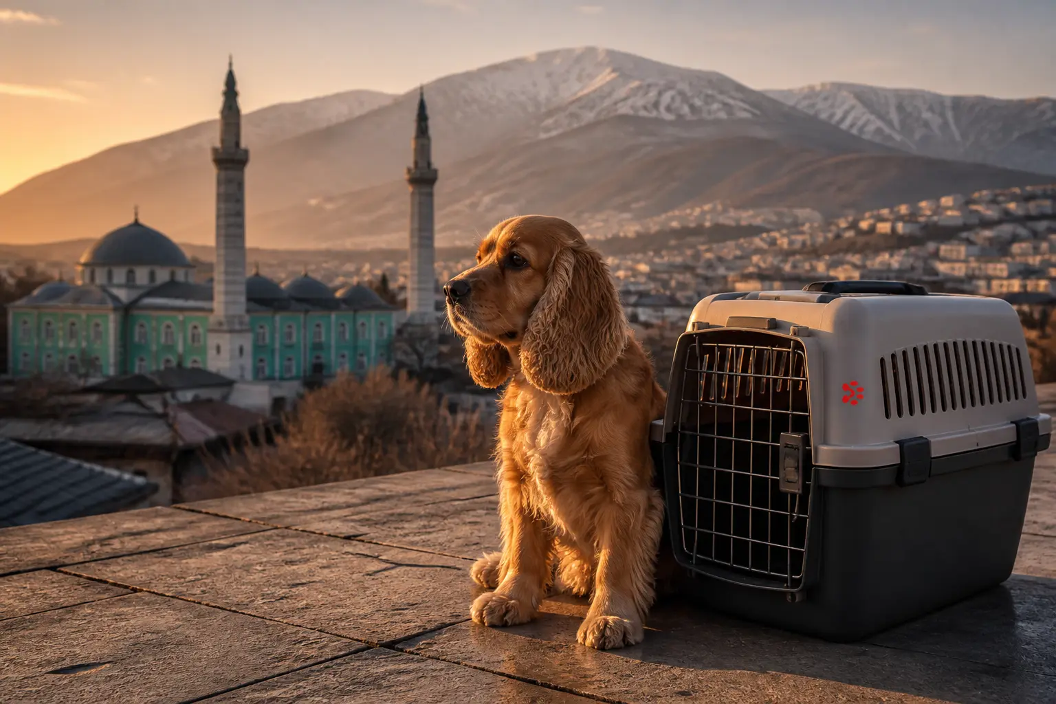 International pet relocation services from India to Bursa, dog in IATA travel crate with Bursa Grand Mosque and Uludag skyline