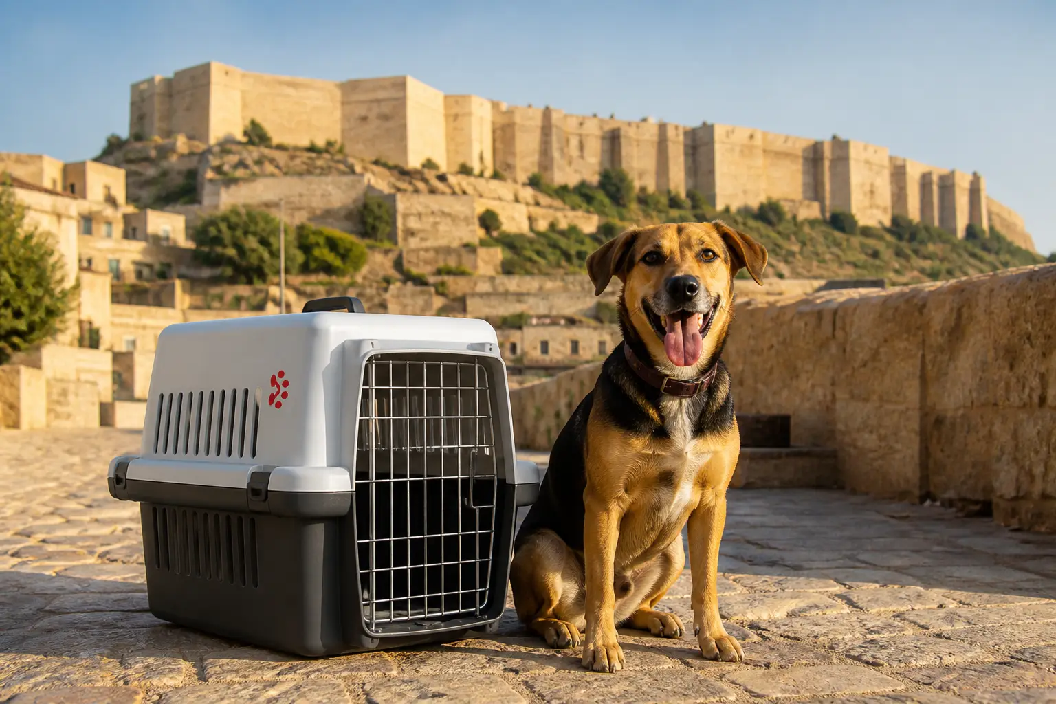 International pet relocation services from India to Gaziantep, dog in IATA travel crate with Gaziantep Castle and old city