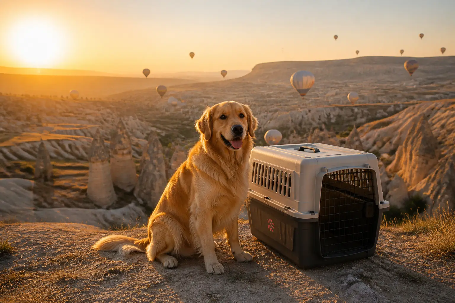 International pet relocation services from India to Turkey, dog in IATA travel crate with Istanbul Bosphorus and Cappadocia panorama