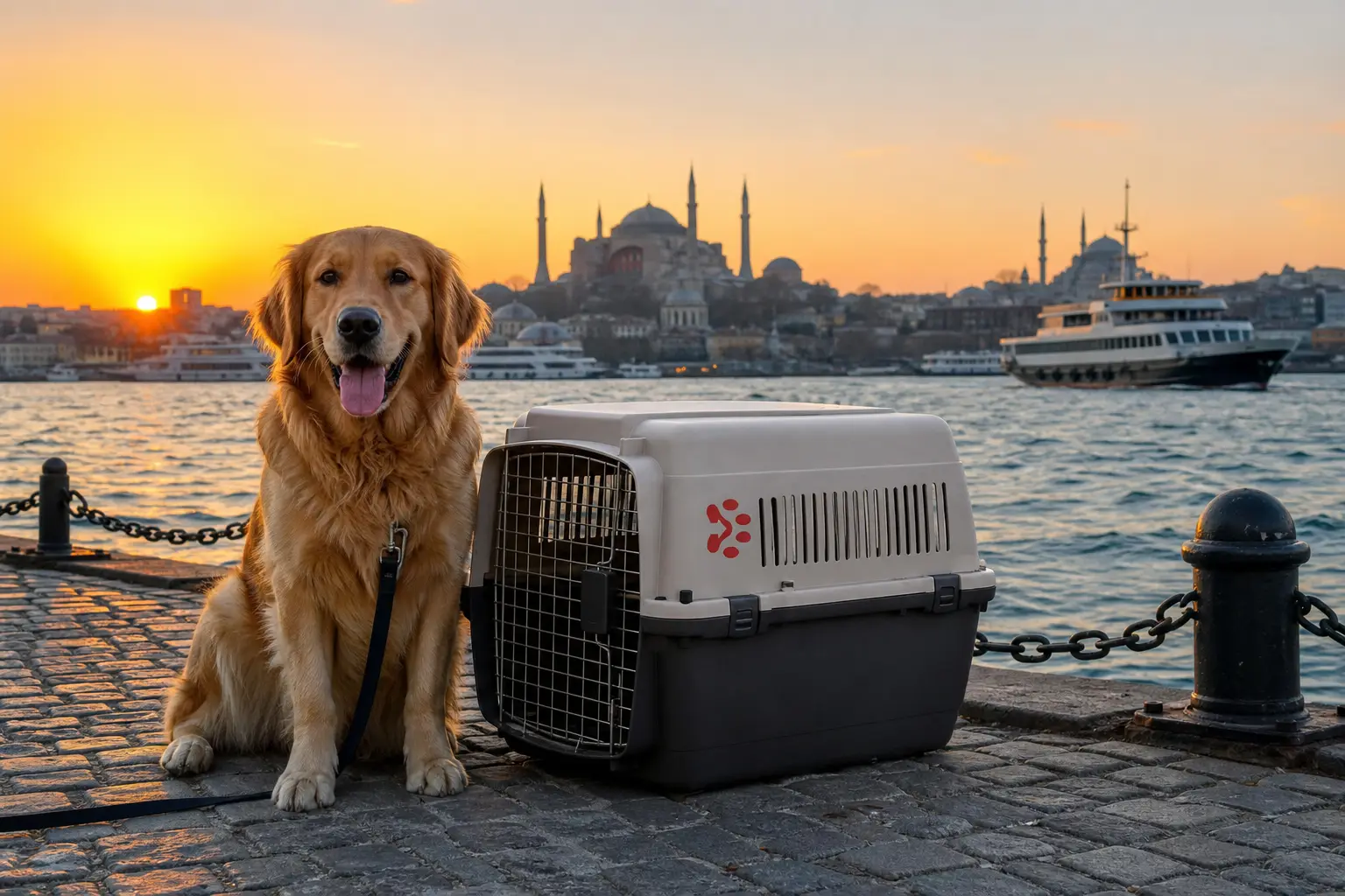 International pet relocation services from India to Istanbul, dog in IATA travel crate with Bosphorus and Hagia Sophia skyline