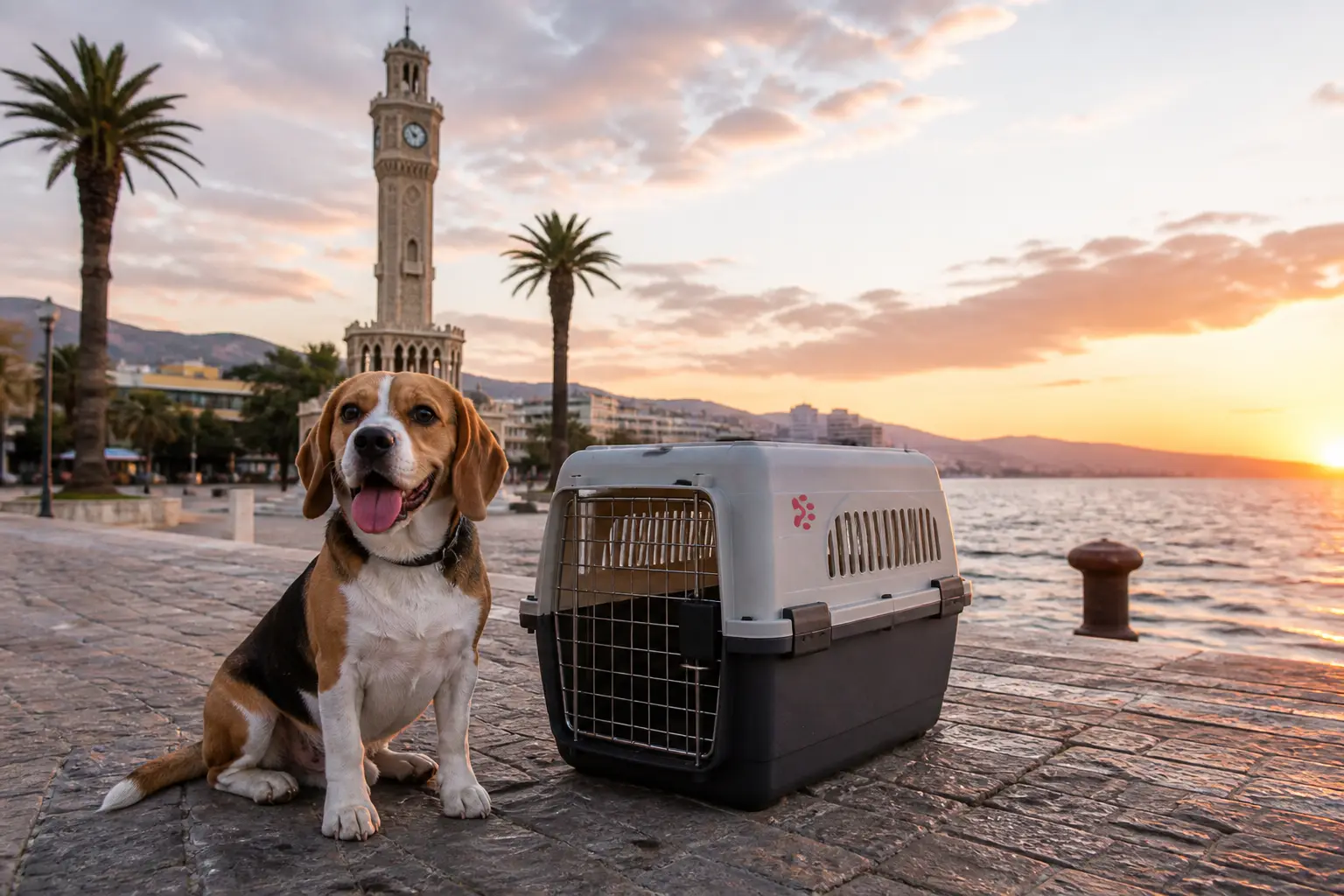 International pet relocation services from India to Izmir, dog in IATA travel crate with Izmir Clock Tower and Aegean waterfront