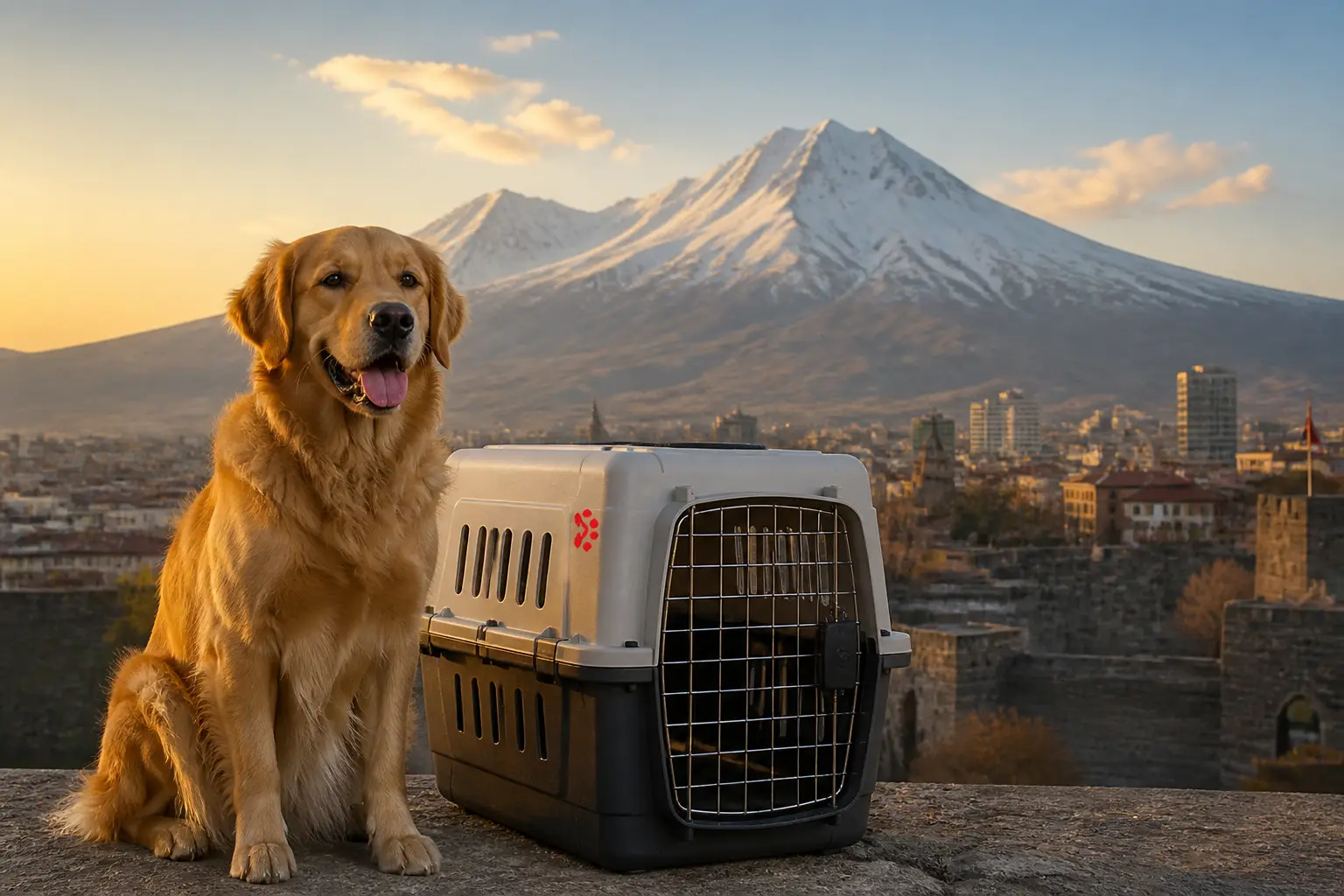 International pet relocation services from India to Kayseri, dog in IATA travel crate with Mount Erciyes and Kayseri skyline
