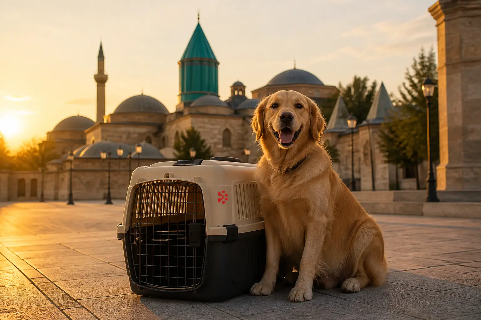 International pet relocation services from India to Konya, dog in IATA travel crate with Konya Seljuk architecture skyline