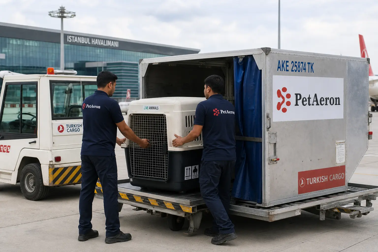 PetAeron staff loading IATA crate for international air cargo flight from India to Turkey via IST, ESB, ADB and Turkish international airports