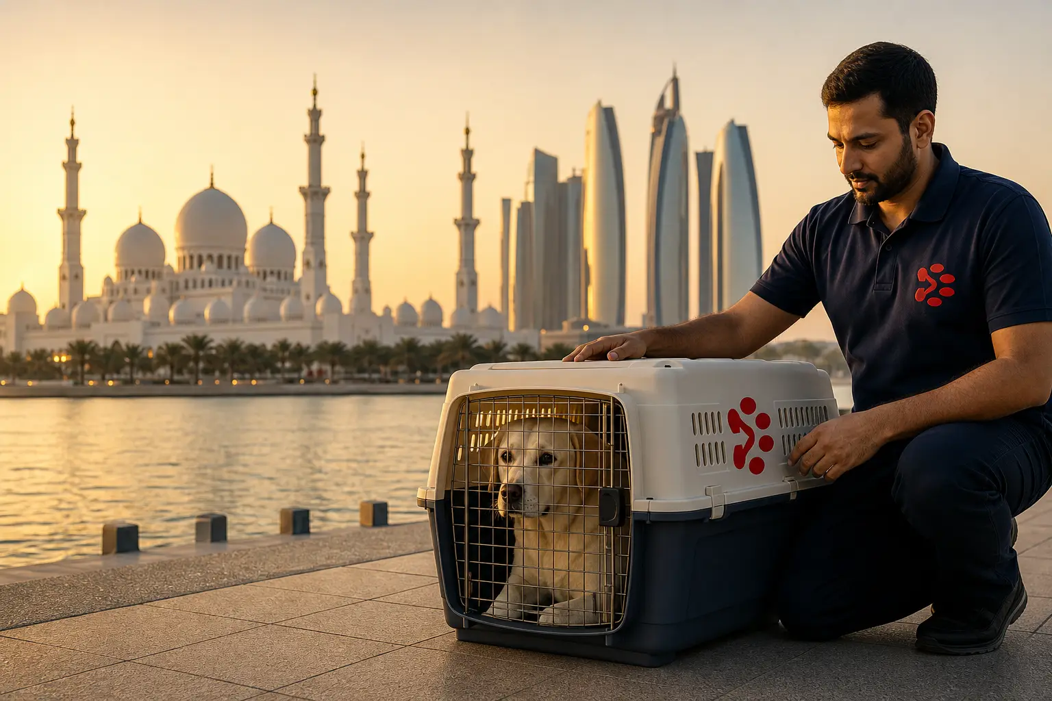 International pet relocation services from India to Abu Dhabi, dog in IATA travel crate with Abu Dhabi UAE skyline