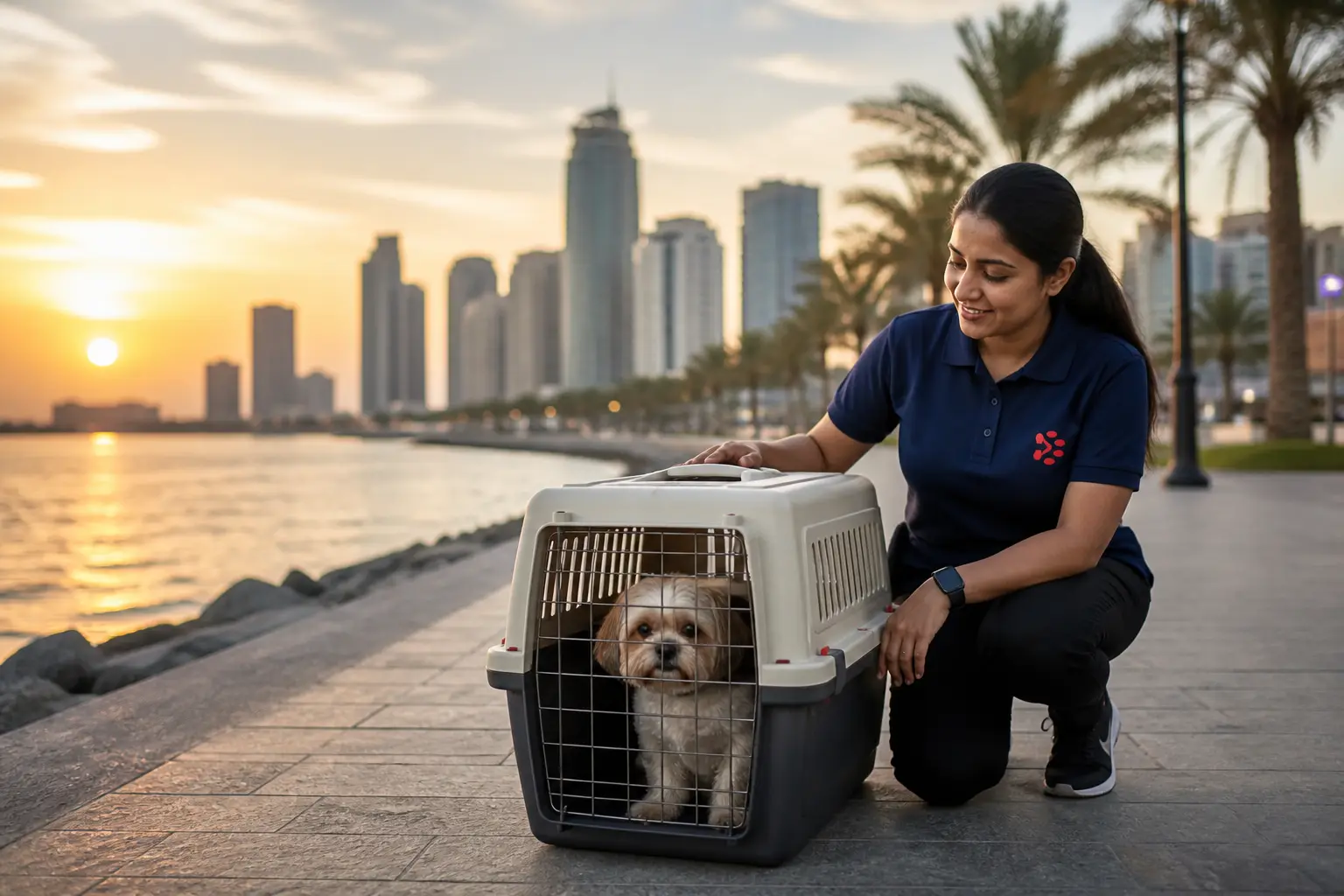 International pet relocation services from India to Ajman, dog in IATA travel crate with Ajman UAE skyline