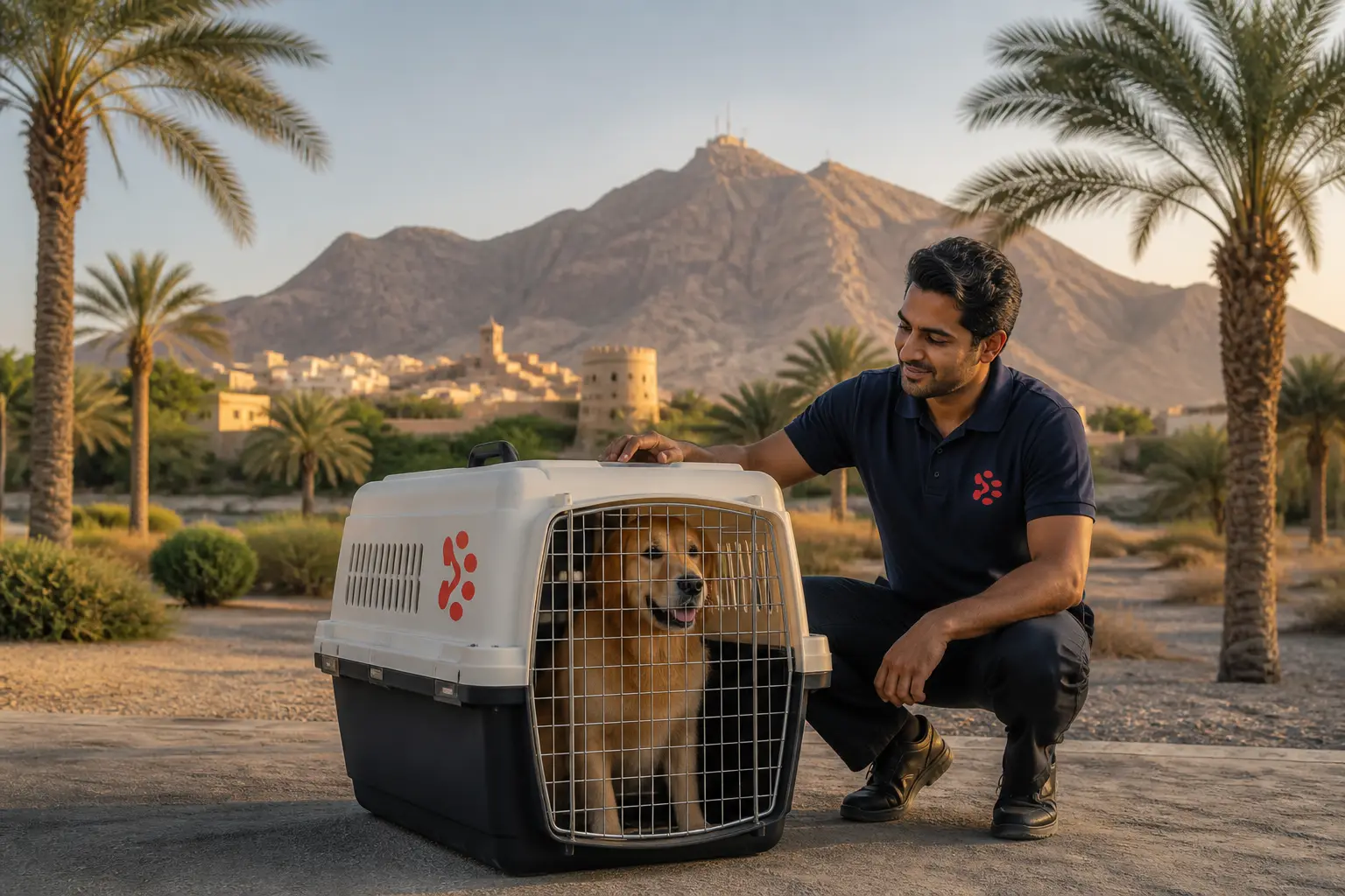 International pet relocation services from India to Al Ain, dog in IATA travel crate with Al Ain UAE skyline