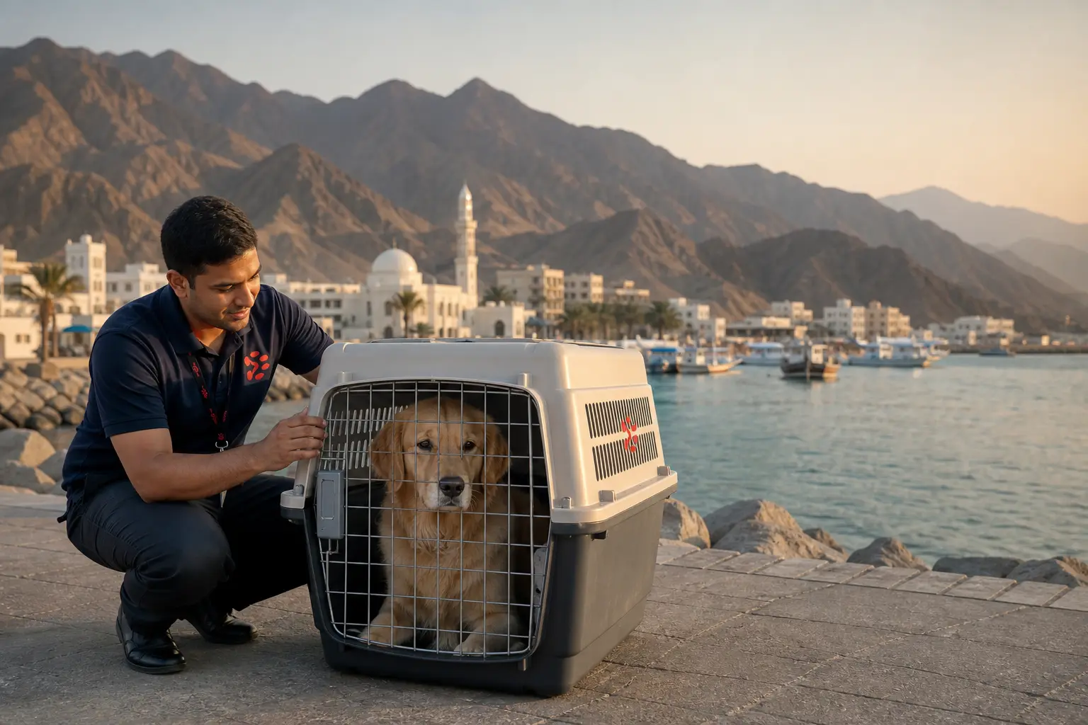 International pet relocation services from India to Dibba Al-Fujairah, dog in IATA travel crate with Dibba Al-Fujairah UAE skyline