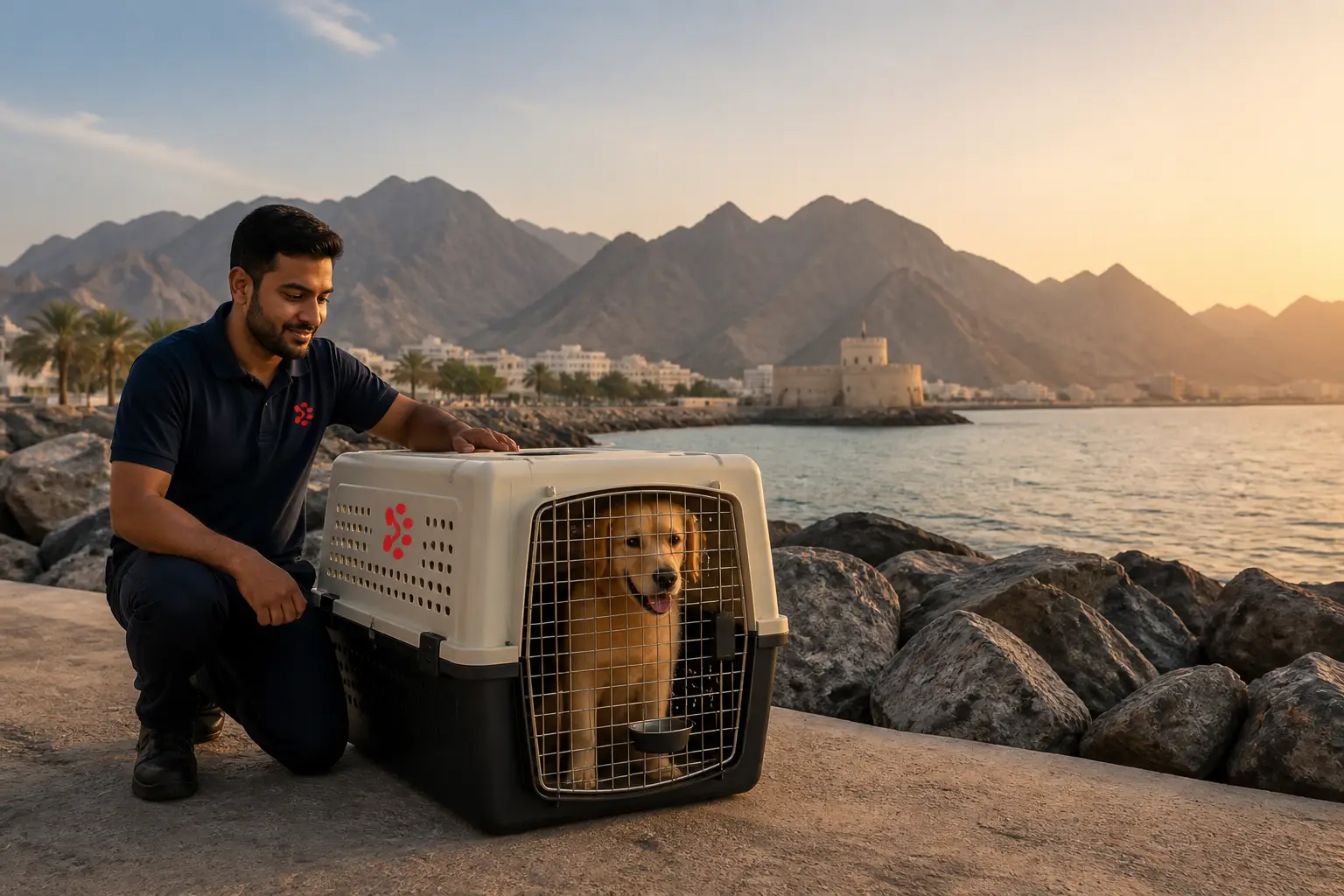 International pet relocation services from India to Fujairah, dog in IATA travel crate with Fujairah UAE skyline