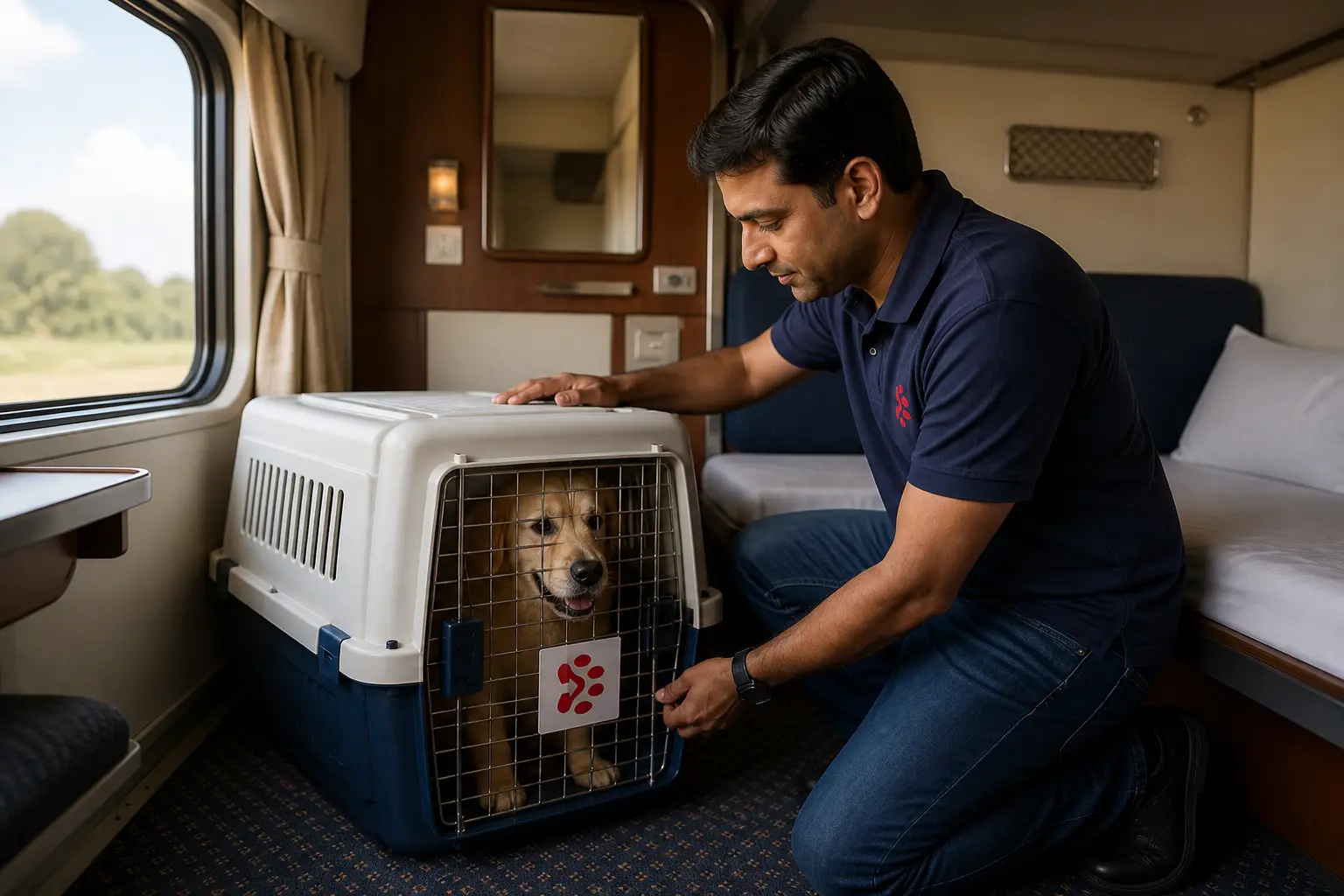 Pet and IATA crate on Indian Railways First AC train feeder to departure hub for Fujairah flight