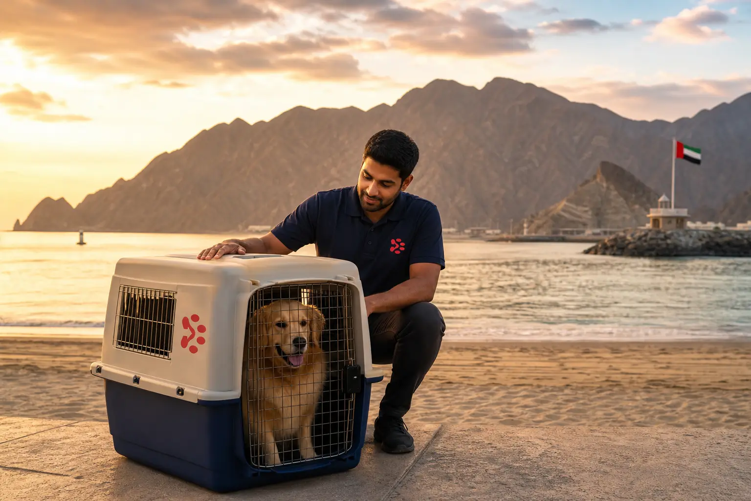 International pet relocation services from India to Khor Fakkan, dog in IATA travel crate with Khor Fakkan UAE skyline