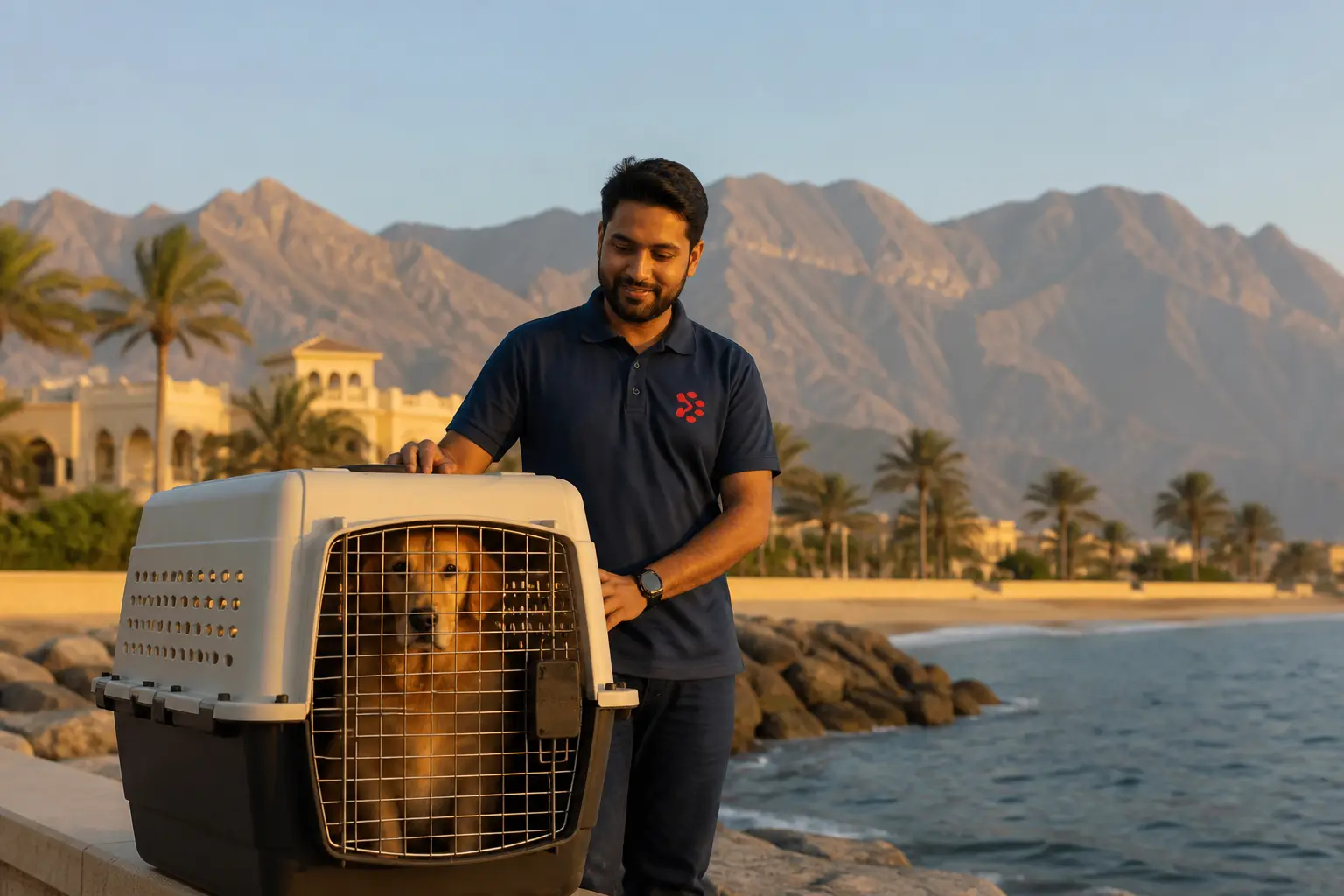 International pet relocation services from India to Ras Al Khaimah, dog in IATA travel crate with Ras Al Khaimah UAE skyline