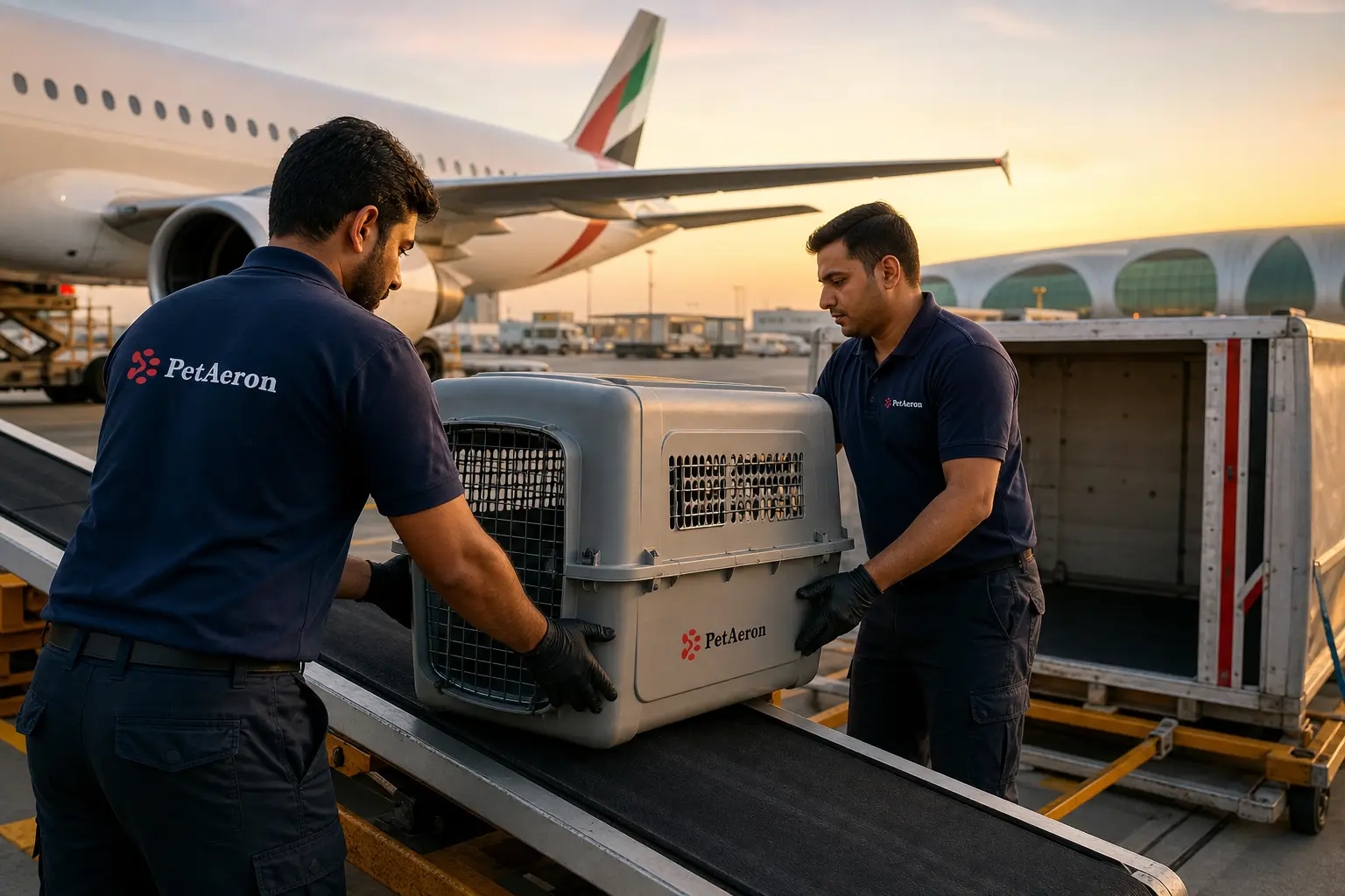 PetAeron staff loading IATA crate for international air cargo flight from India to Ras Al Khaimah International Airport