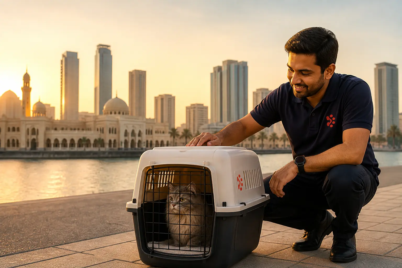 International pet relocation services from India to Sharjah, dog in IATA travel crate with Sharjah UAE skyline