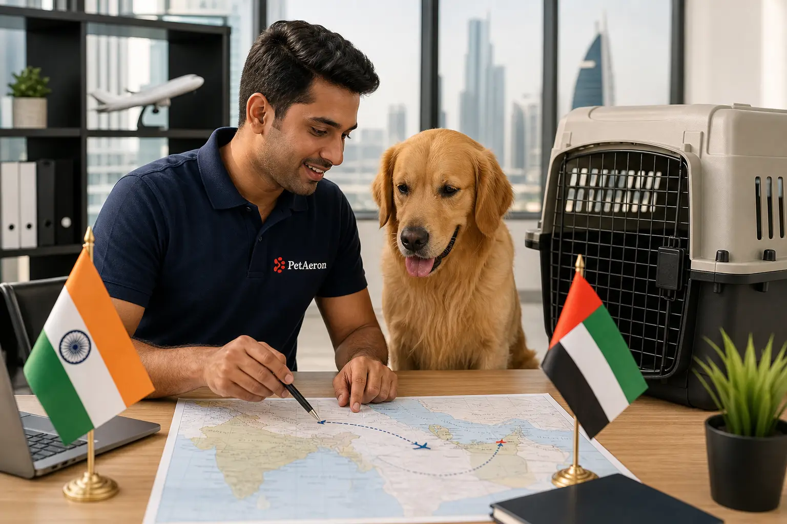 International pet relocation services from India to Umm Al Quwain, PetAeron specialist with IATA crate and route planning