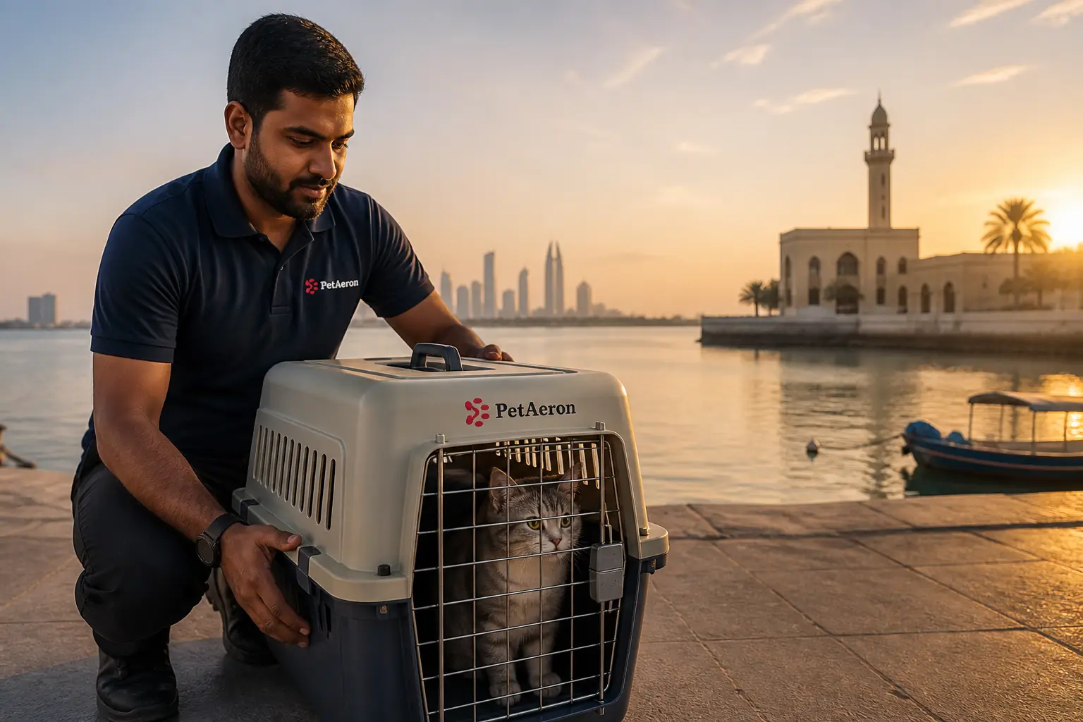 International pet relocation services from India to Umm Al Quwain, dog in IATA travel crate with Umm Al Quwain UAE skyline