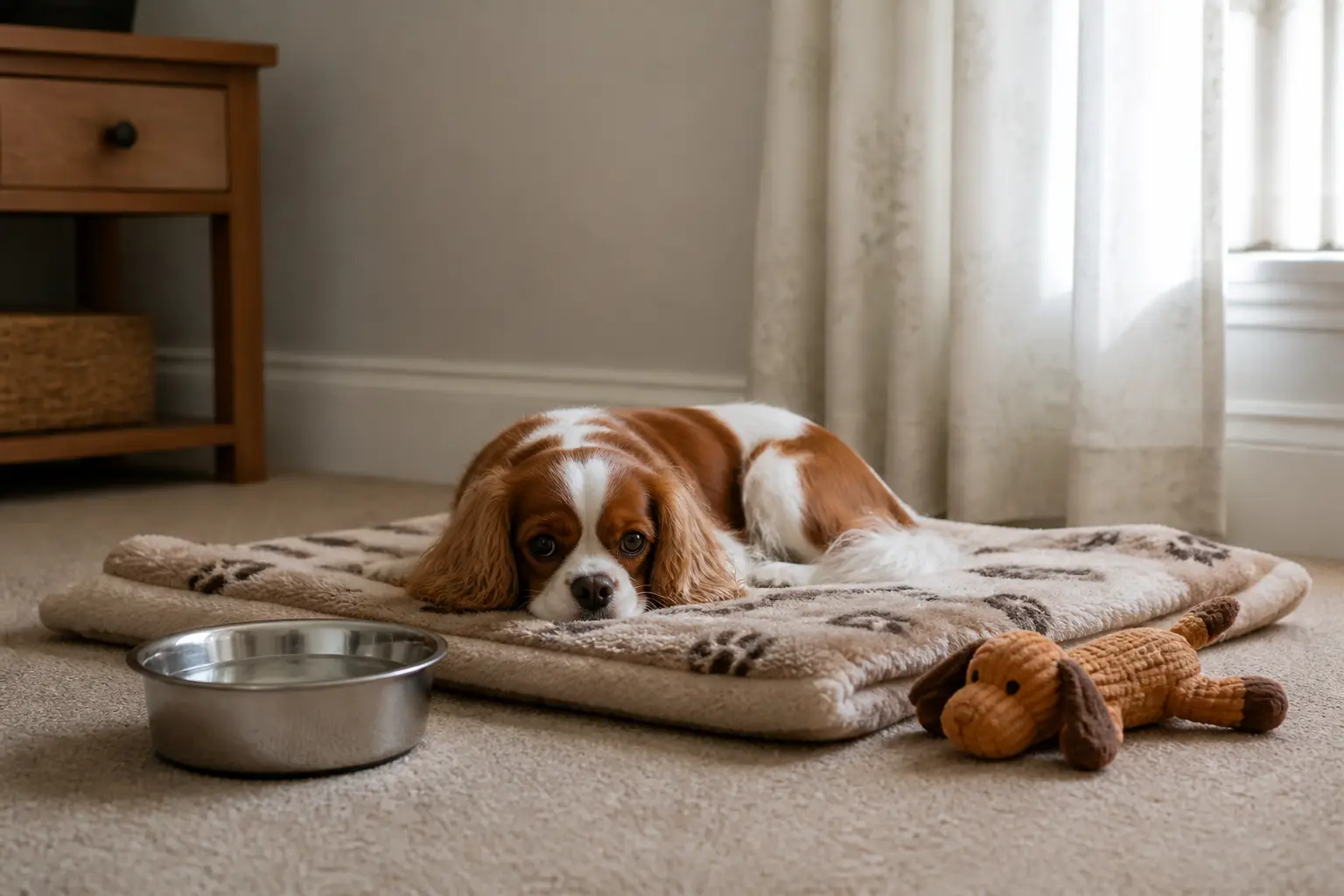 Dog settling quietly in a calm UK home room after pet relocation from India