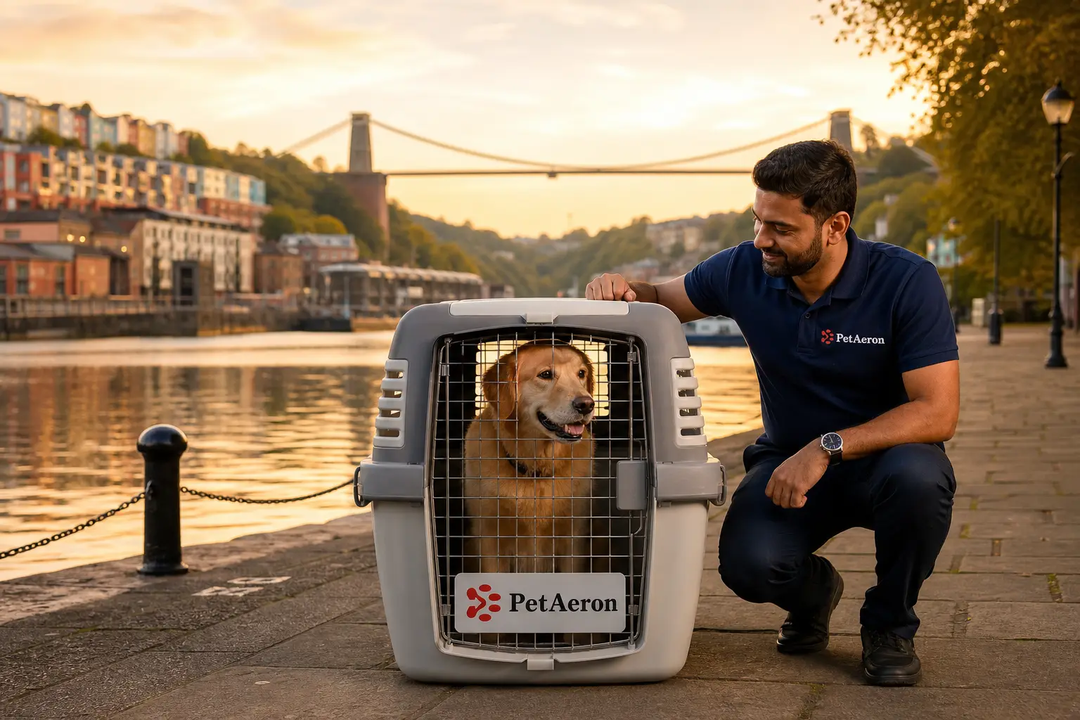 International pet relocation services from India to Bristol, dog in IATA travel crate with Clifton Suspension Bridge and harbourside skyline