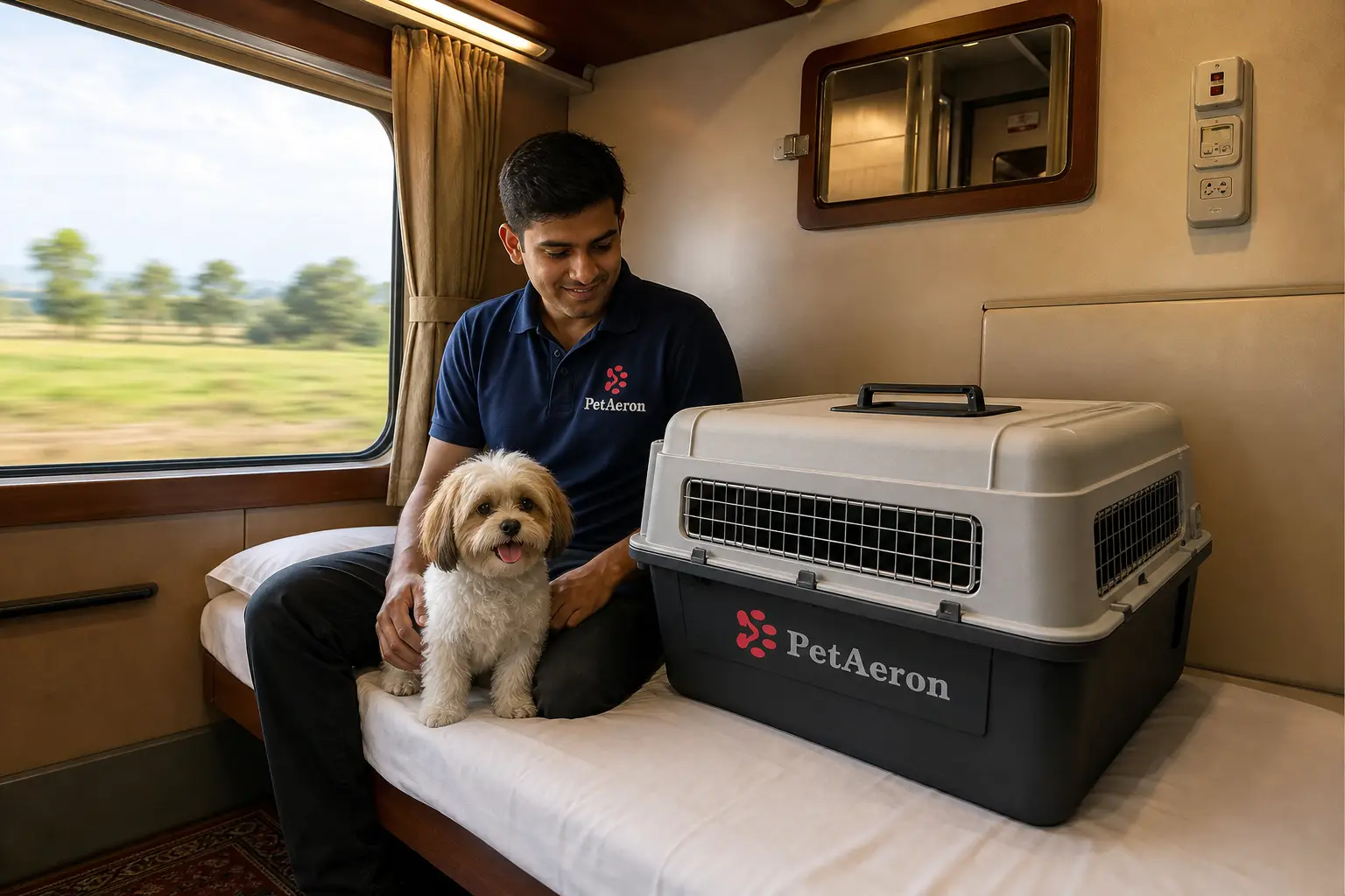 Pet and IATA crate on Indian Railways First AC train feeder to departure hub for Bristol flight