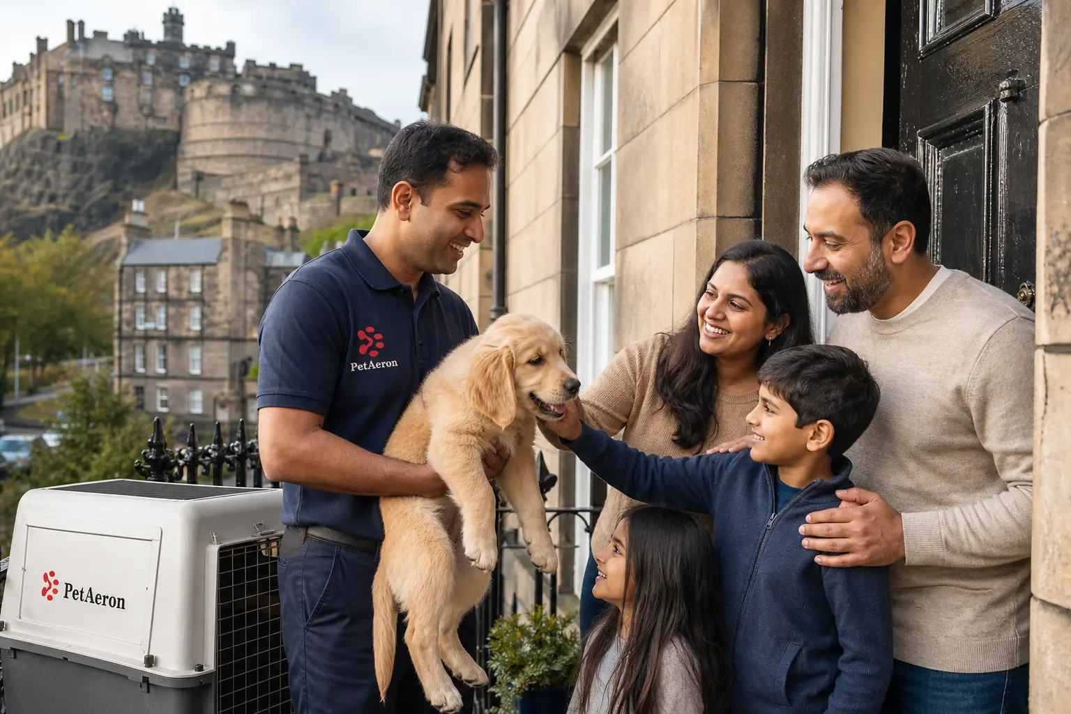 Door-to-door pet handover complete at Edinburgh home with Edinburgh Castle in background