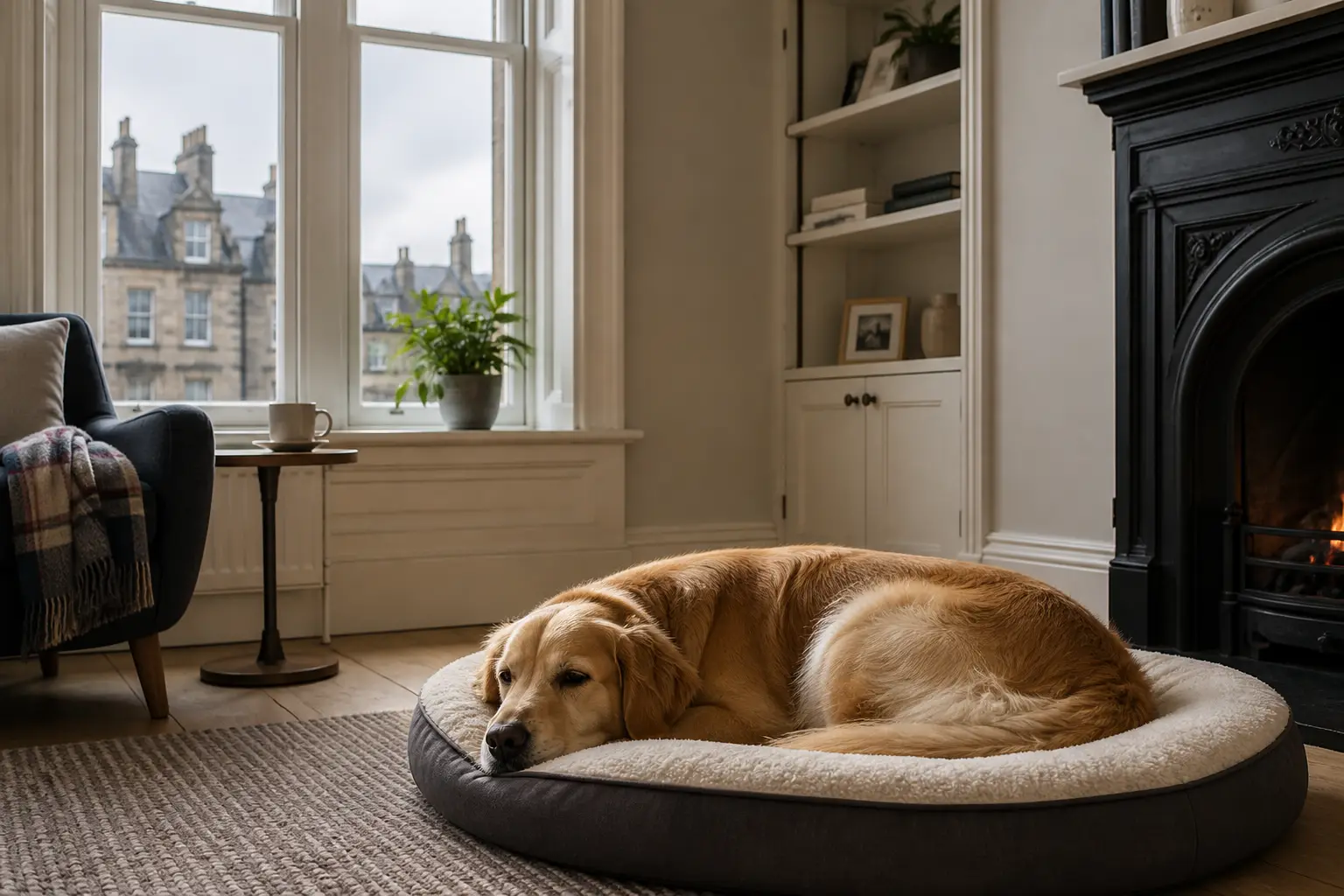 Dog settling quietly in a calm Edinburgh home room after pet relocation from India