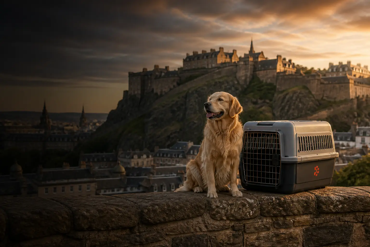 International pet relocation services from India to Edinburgh, dog in IATA travel crate with Edinburgh Castle skyline