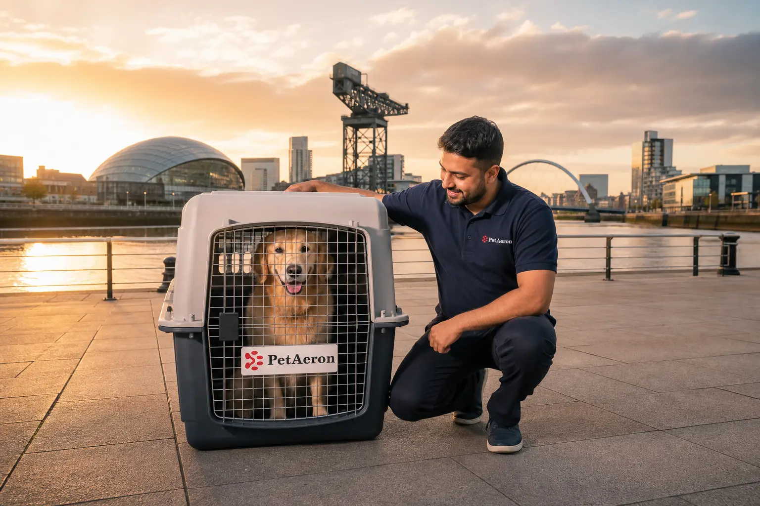 International pet relocation services from India to Glasgow, dog in IATA travel crate with River Clyde and Glasgow skyline