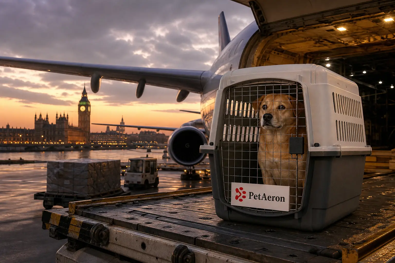 International pet relocation services from India to UK, dog in IATA travel crate with Big Ben and Heathrow cargo scene