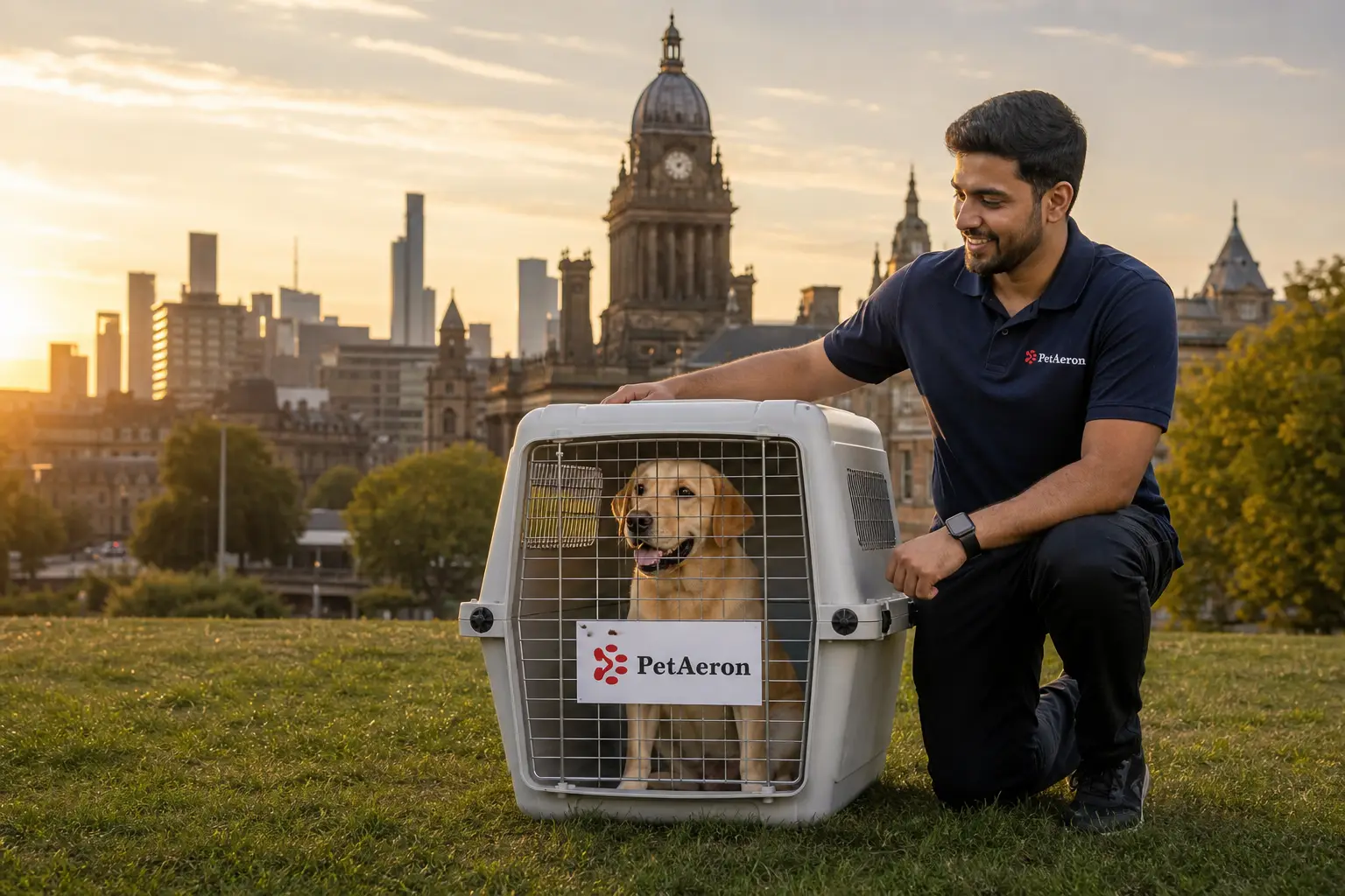 International pet relocation services from India to Leeds, dog in IATA travel crate with Leeds cityscape and Town Hall