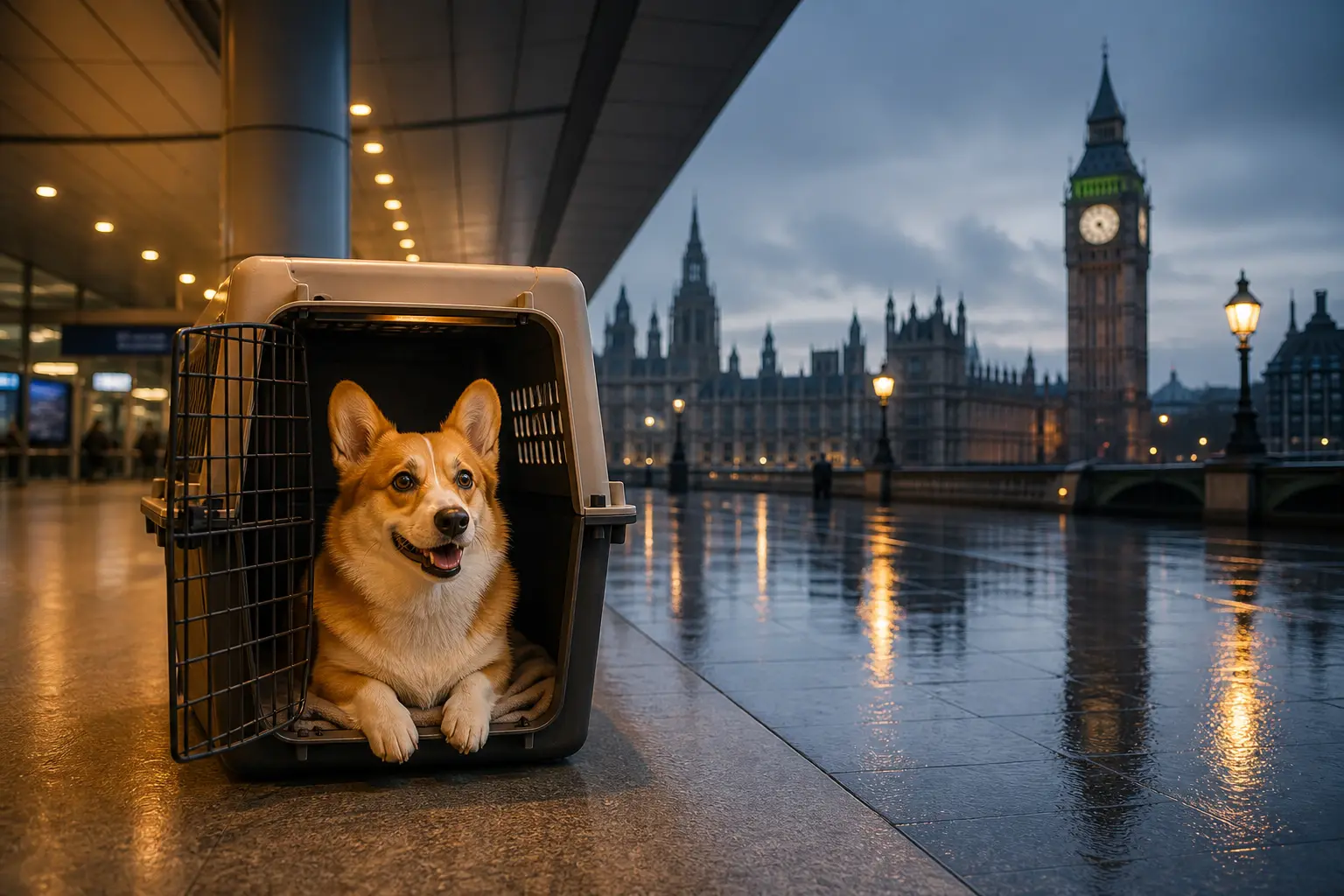 International pet relocation services from India to London, dog in IATA travel crate with London skyline and Big Ben