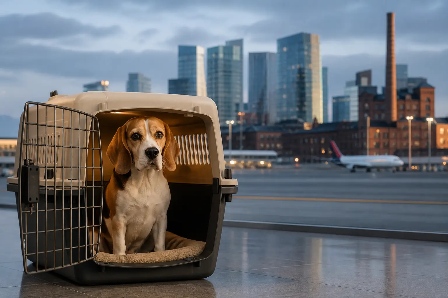 International pet relocation services from India to Manchester, dog in IATA travel crate with Manchester skyline