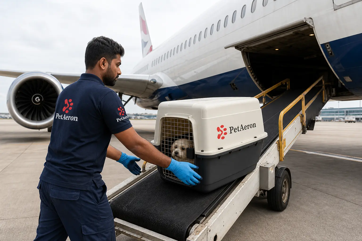 PetAeron staff loading IATA crate for international air cargo flight from India to Manchester Airport