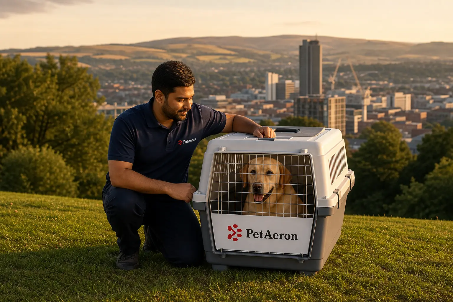 International pet relocation services from India to Sheffield, dog in IATA travel crate with Peak District hills and city skyline