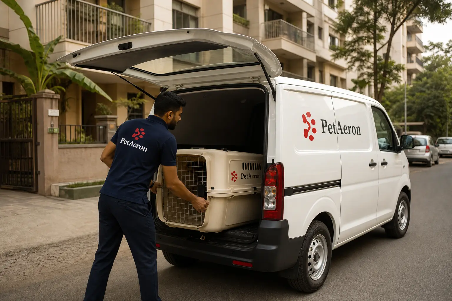 PetAeron climate-controlled van door-to-door pet pickup from Indian home before UK flight