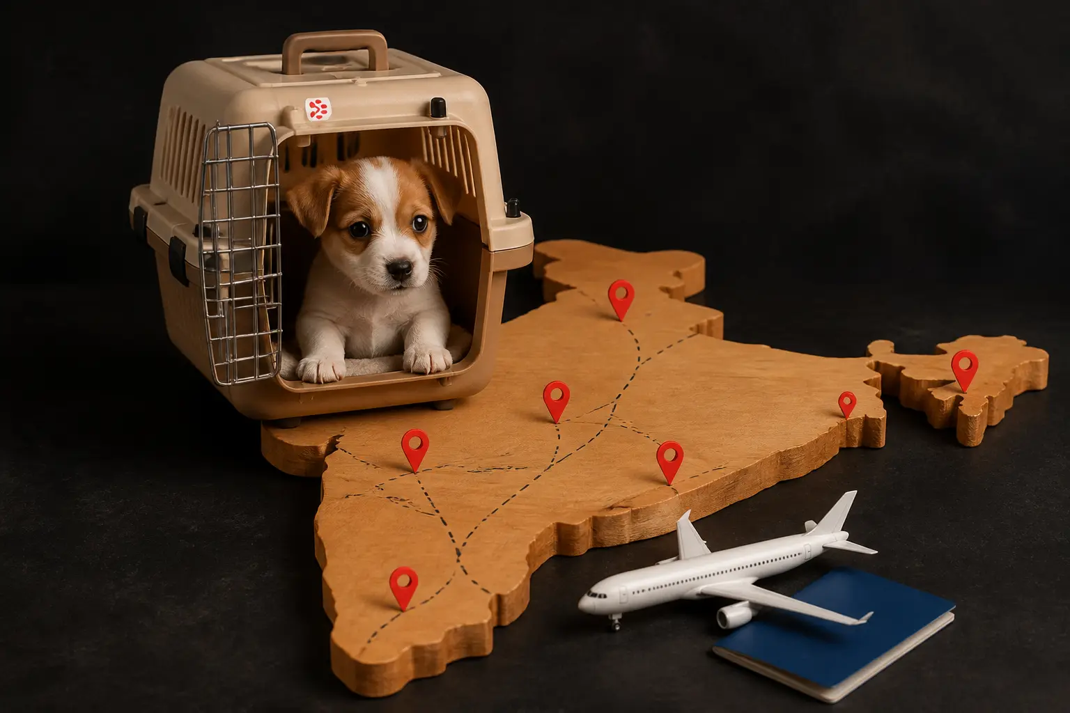International pet relocation from India to Atlanta, puppy in PetAeron IATA crate on India route map