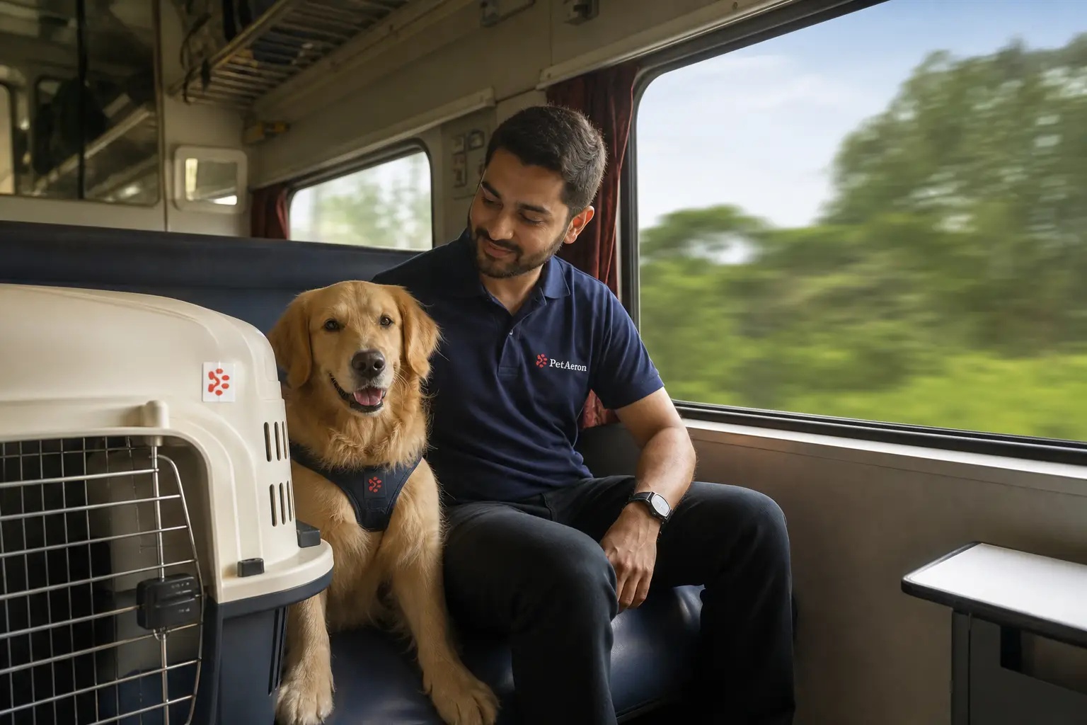Pet and IATA crate on Indian Railways First AC train transfer to departure hub for Atlanta flight