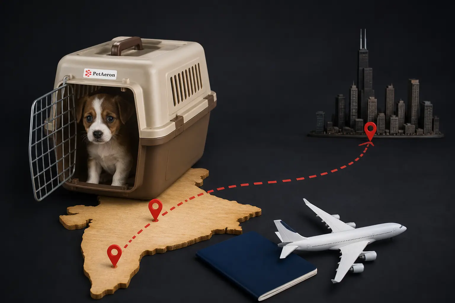 International pet relocation from India to Chicago, puppy in PetAeron IATA crate on India route map