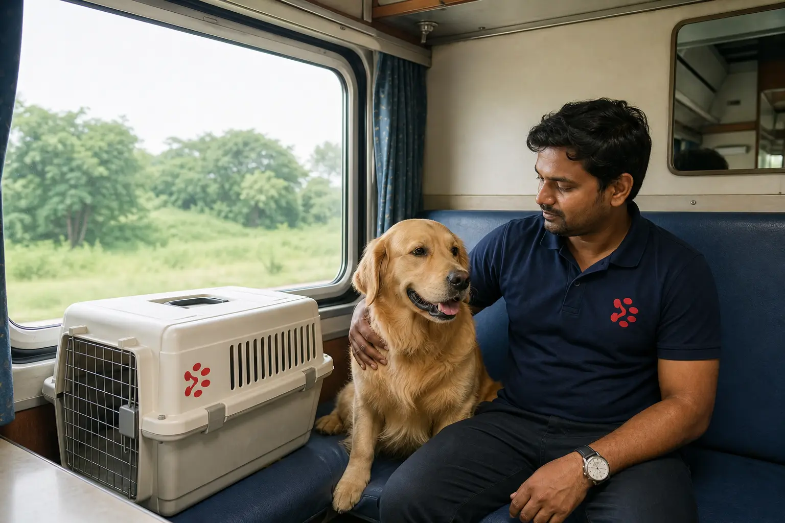 Pet and IATA crate on Indian Railways First AC train transfer to departure hub for Chicago flight