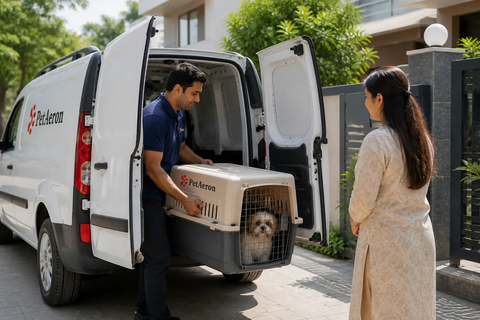 PetAeron climate-controlled van door-to-door pet pickup from Indian home before Chicago flight