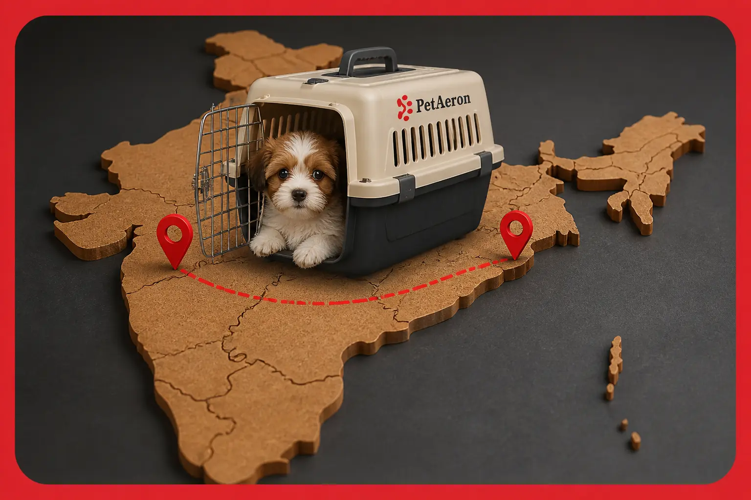 International pet relocation from India to Dallas, puppy in PetAeron IATA crate on India route map
