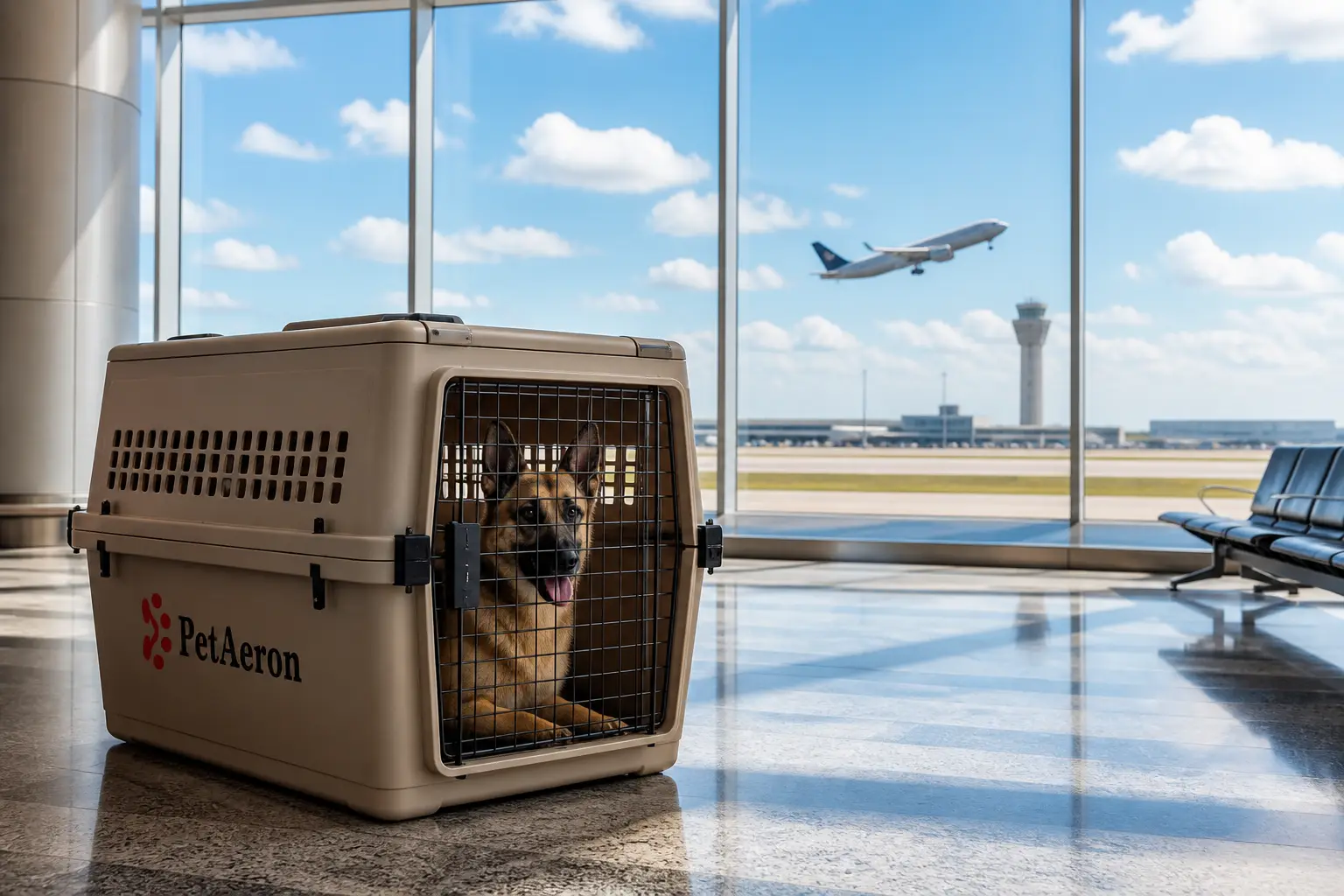Pet relocation from India to Dallas, German shepherd in PetAeron IATA crate at DFW airport