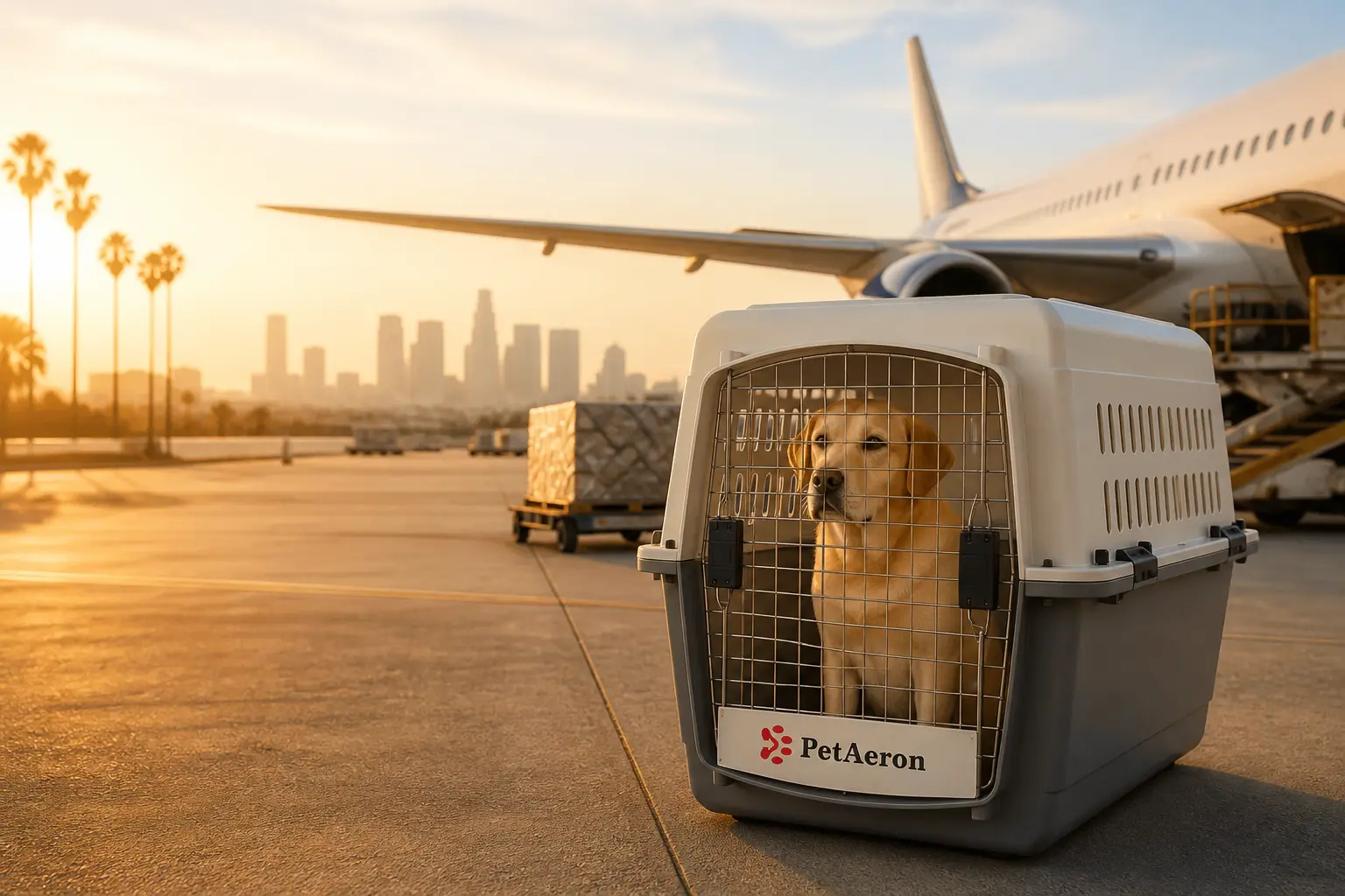 Pet relocation from India to Los Angeles, Labrador in IATA crate with LAX airport and palm trees
